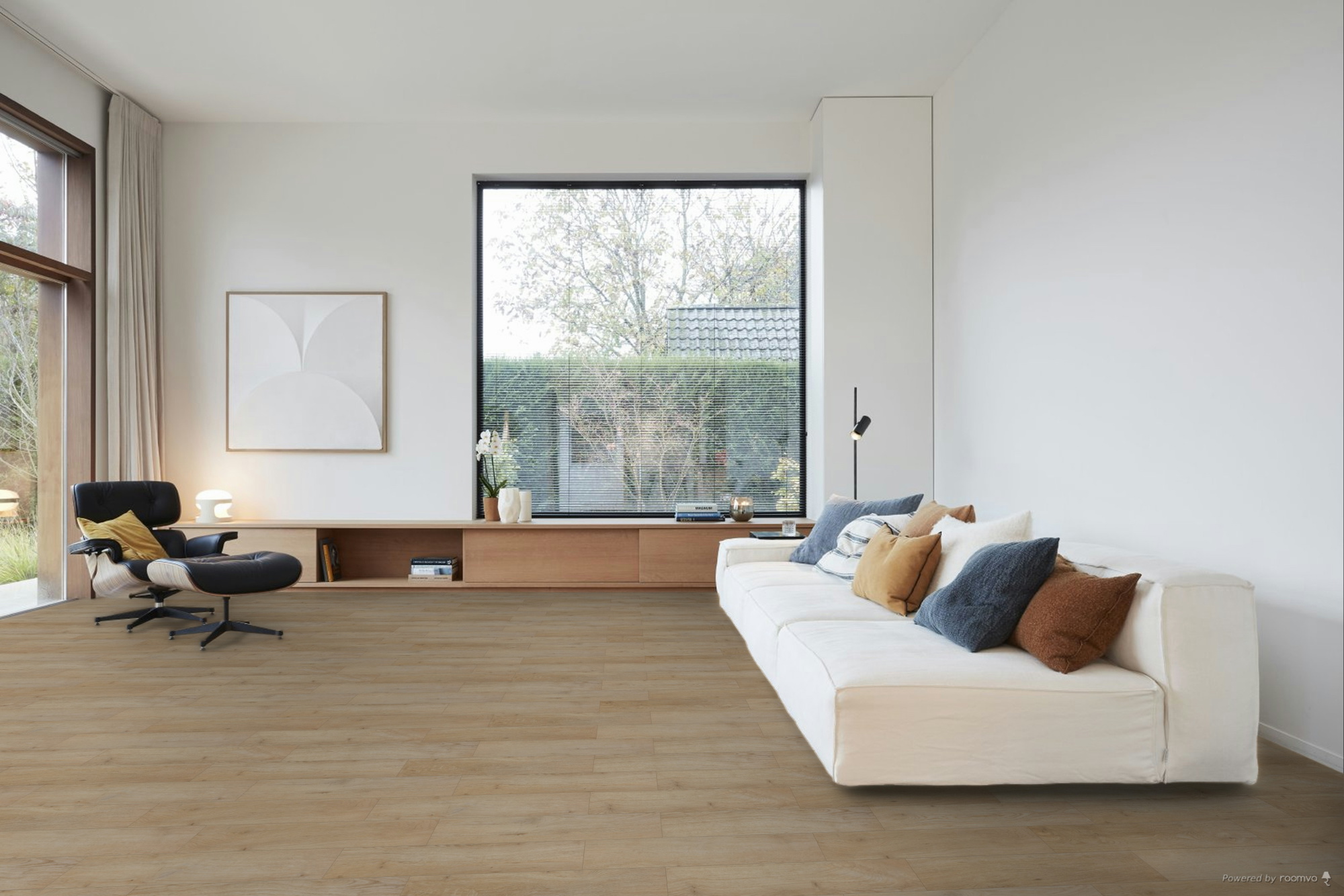 Milieubild Großräumiges Wohnzimmer mit Couch - BerryAlloc Klebe-Vinyl Zenn Gluedown 55 Herringbone Faro Milieubild Großräumiges Wohnzimmer mit Couch - BerryAlloc 60002269