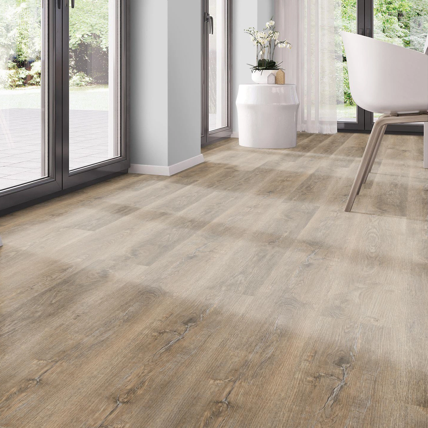 Milieubild Modernes Esszimmer - bodentiefe Perspektive - nexflor Rigid Klick-Vinyl Apollo Click Collection Corinth Oak Milieubild Modernes Esszimmer - bodentiefe Perspektive - nexflor NXF-60030-003