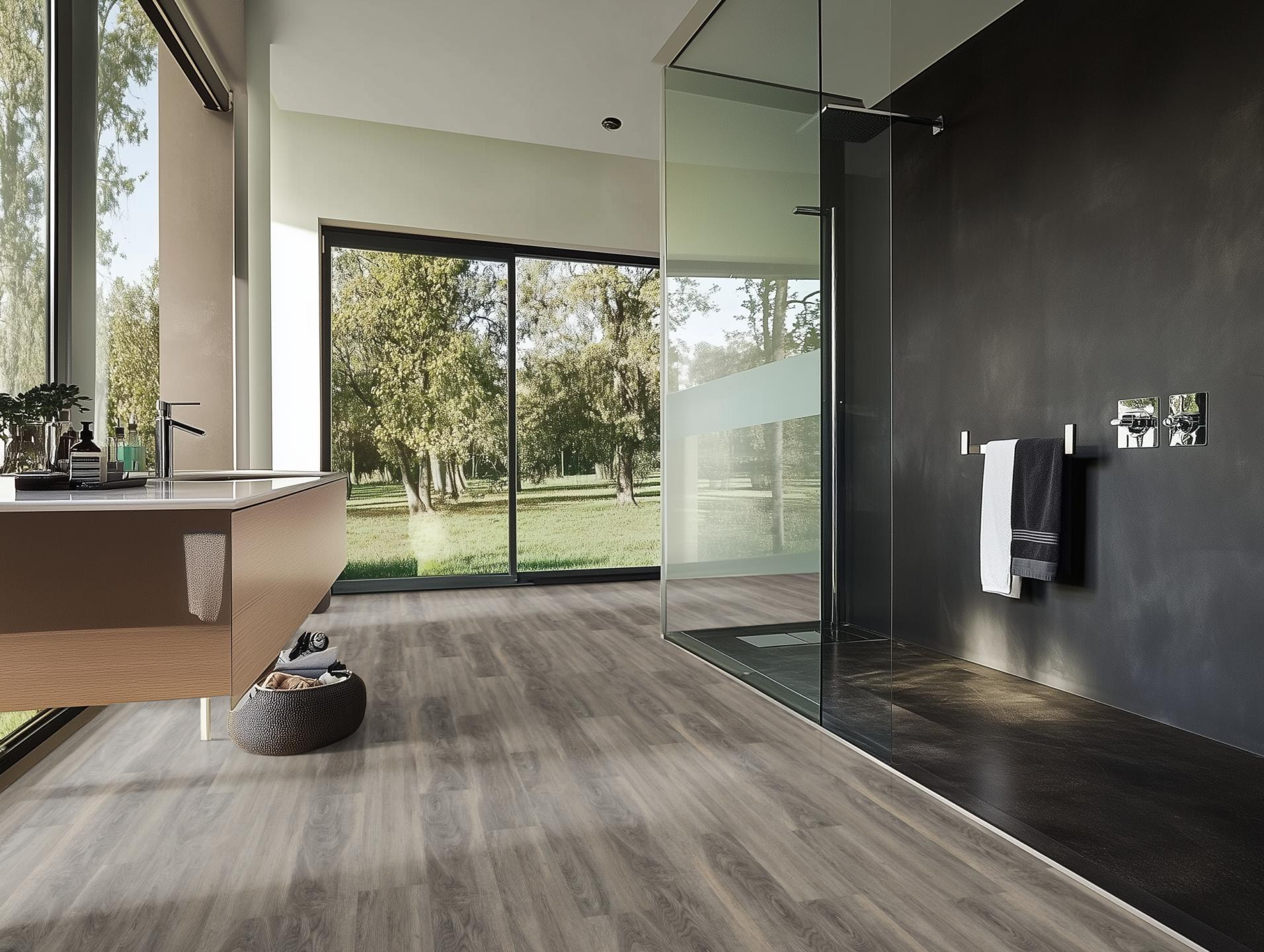 Milieubild Modernes Badezimmer mit bodentiefer Dusche - nexflor Rigid Klick-Vinyl Apollo Click Collection Delos Oak Milieubild Modernes Badezimmer mit bodentiefer Dusche - nexflor NXF-60030-007