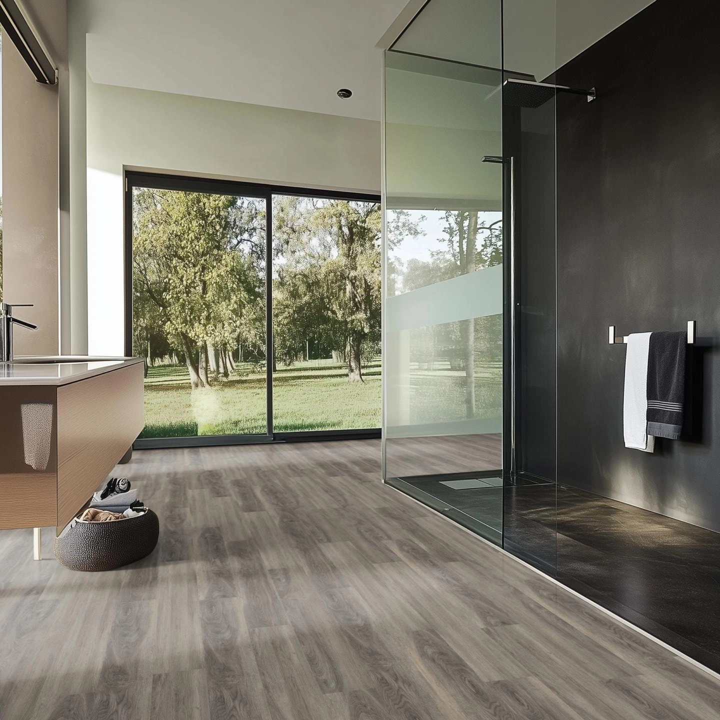 Milieubild Modernes Badezimmer mit bodentiefer Dusche - nexflor Rigid Klick-Vinyl Apollo Click Collection Delos Oak Milieubild Modernes Badezimmer mit bodentiefer Dusche - nexflor NXF-60030-007
