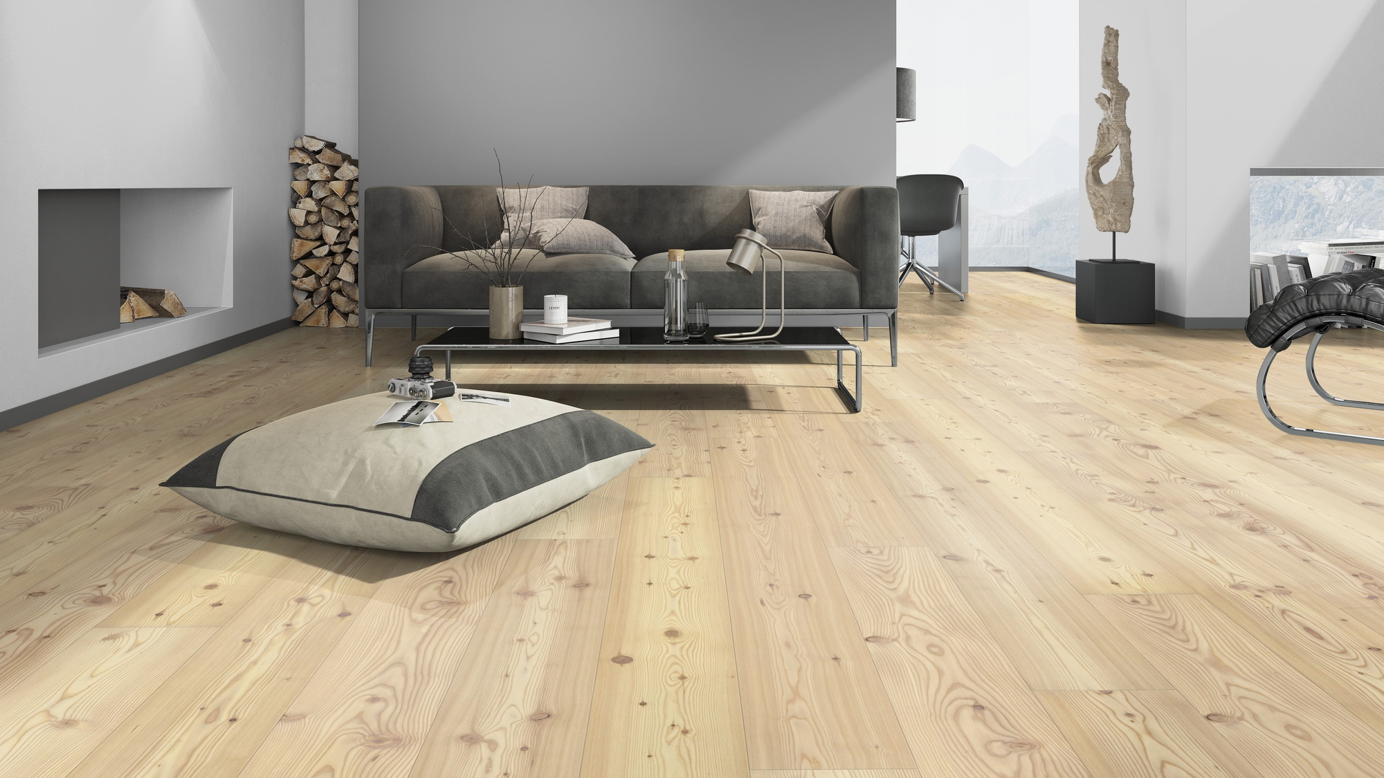 Milieubild Modernes Wohnzimmer mit Kamin - Admonter Parkett Stammbaum Kollektion Lärche weiß Milieubild Modernes Wohnzimmer mit Kamin - Admonter 118436