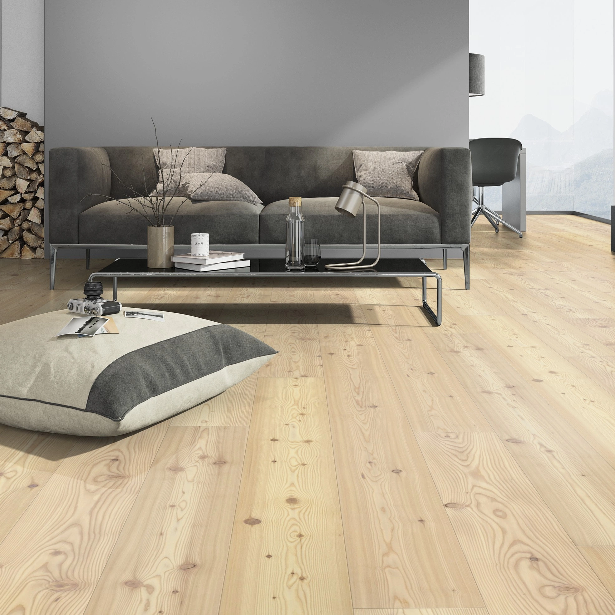 Milieubild Modernes Wohnzimmer mit Kamin - Admonter Parkett Stammbaum Kollektion Lärche weiß Milieubild Modernes Wohnzimmer mit Kamin - Admonter 118436