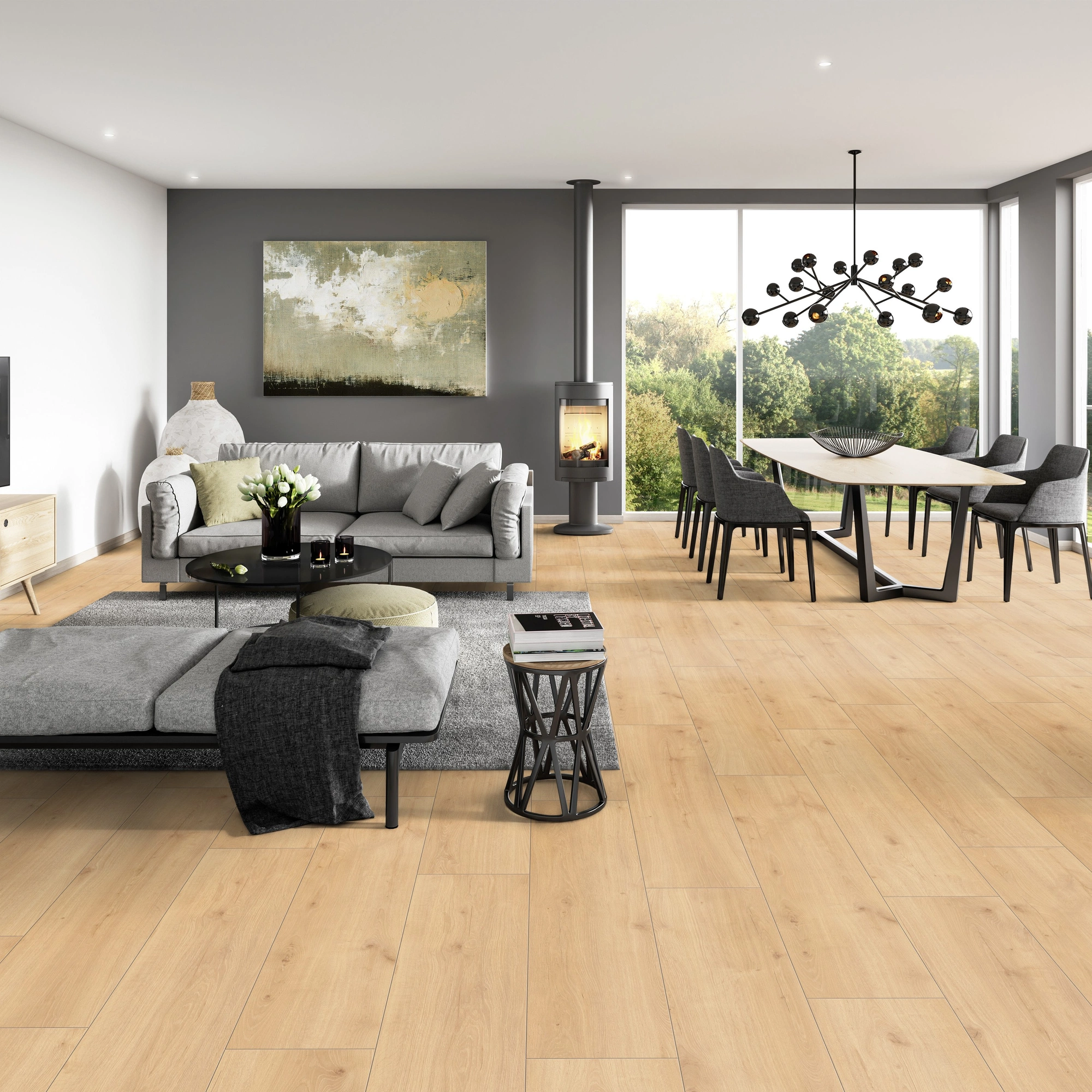 Milieubild Modernes Wohnzimmer mit Essbereich - ter Hürne Laminat Trend Edition Eiche Japandi Milieubild Modernes Wohnzimmer mit Essbereich - ter Hürne 1101021847