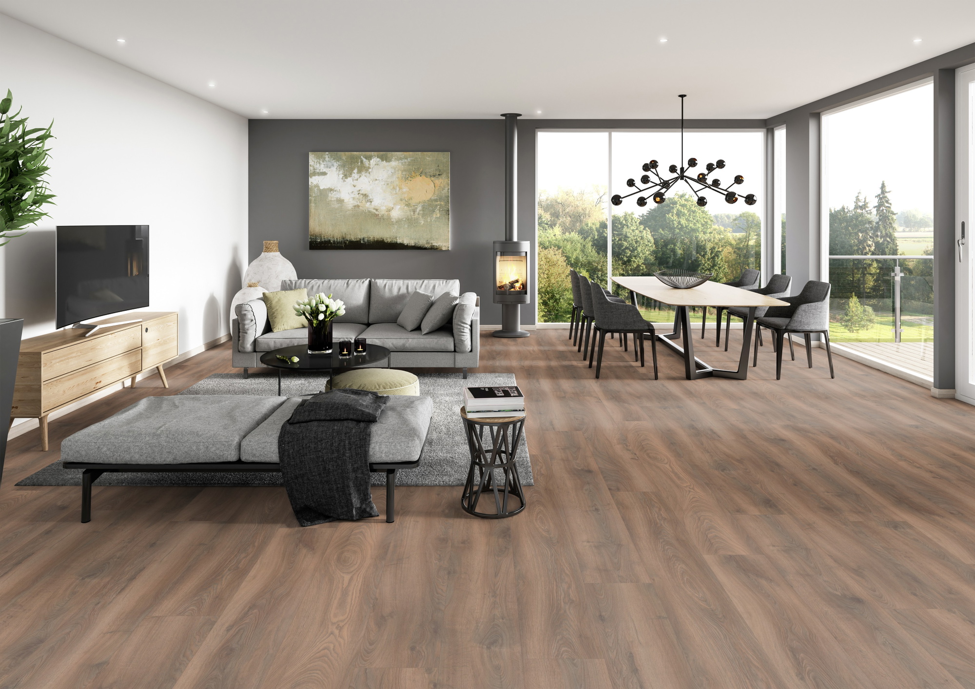 Milieubild Modernes Wohnzimmer mit Essbereich - ter Hürne Laminat Grand Edition Eiche Tea Room Milieubild Modernes Wohnzimmer mit Essbereich - ter Hürne 1101021828