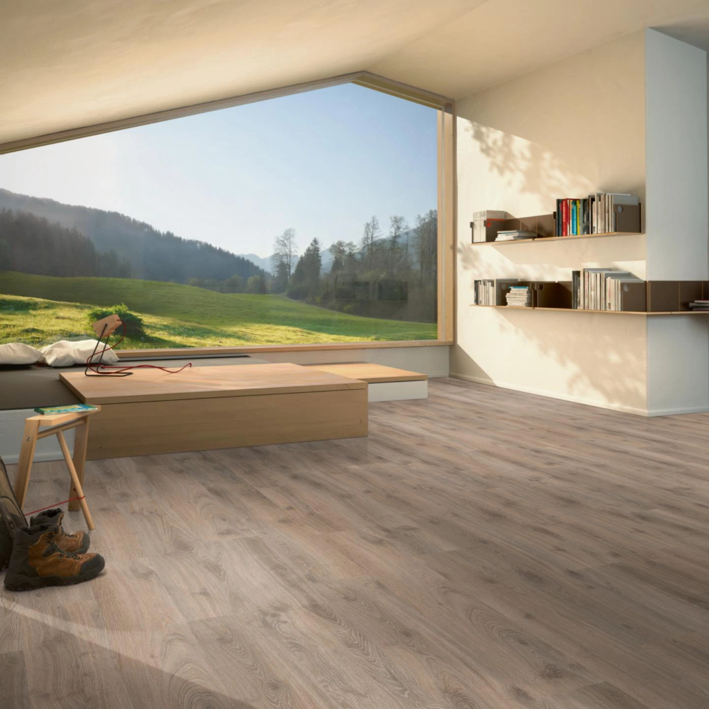 Milieubild Moderne Hütte mit Blick in die Natur - Parador Laminat Classic 1050 Eiche Tradition Grau-beige Milieubild Moderne Hütte mit Blick in die Natur - Parador 1517691