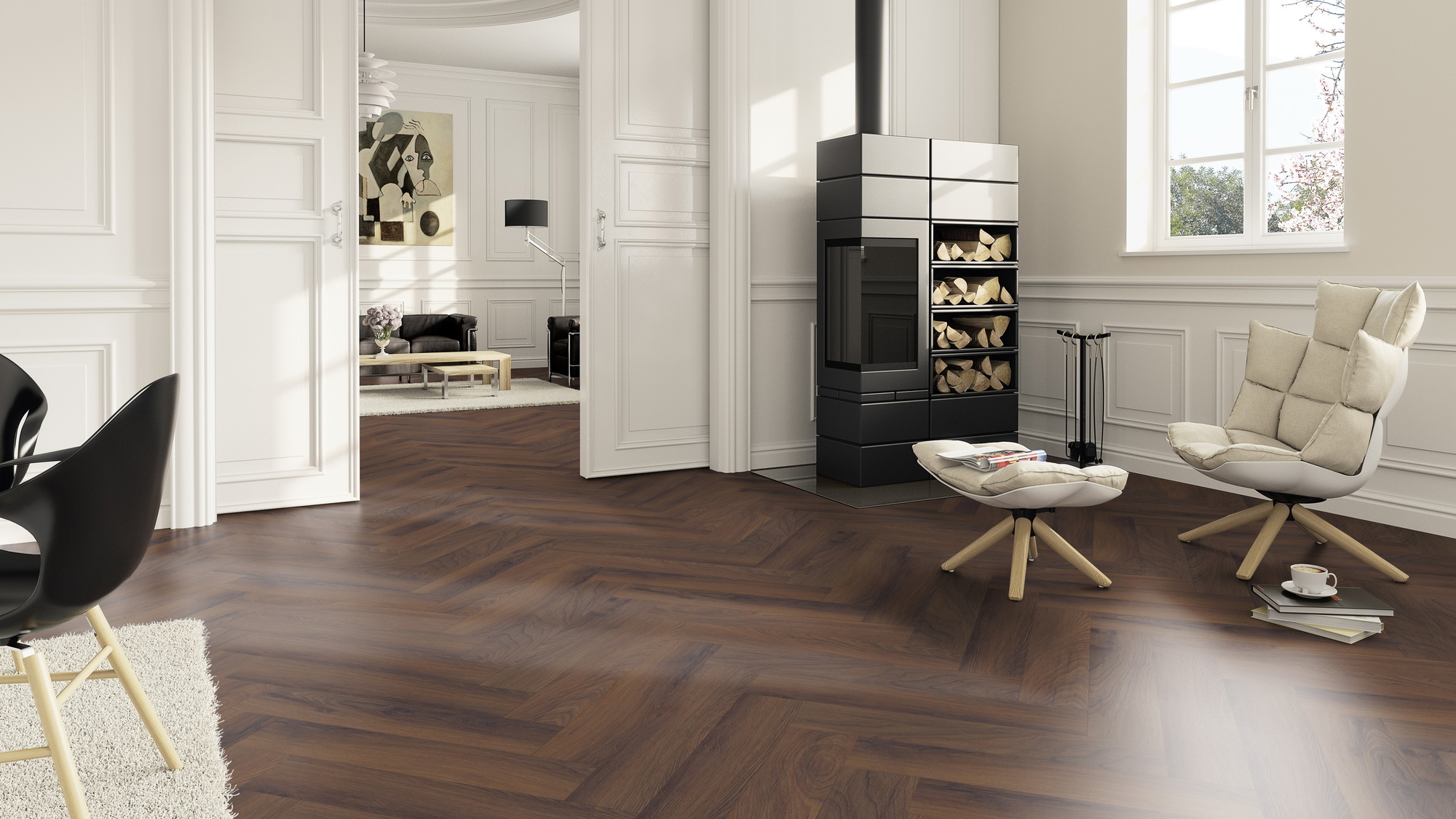 Milieubild Wohnzimmer im Landhaus-Stil mit Kamin - ter Hürne Laminat Herringbone Edition Eiche Estate Milieubild Wohnzimmer im Landhaus-Stil mit Kamin - ter Hürne 1101021852