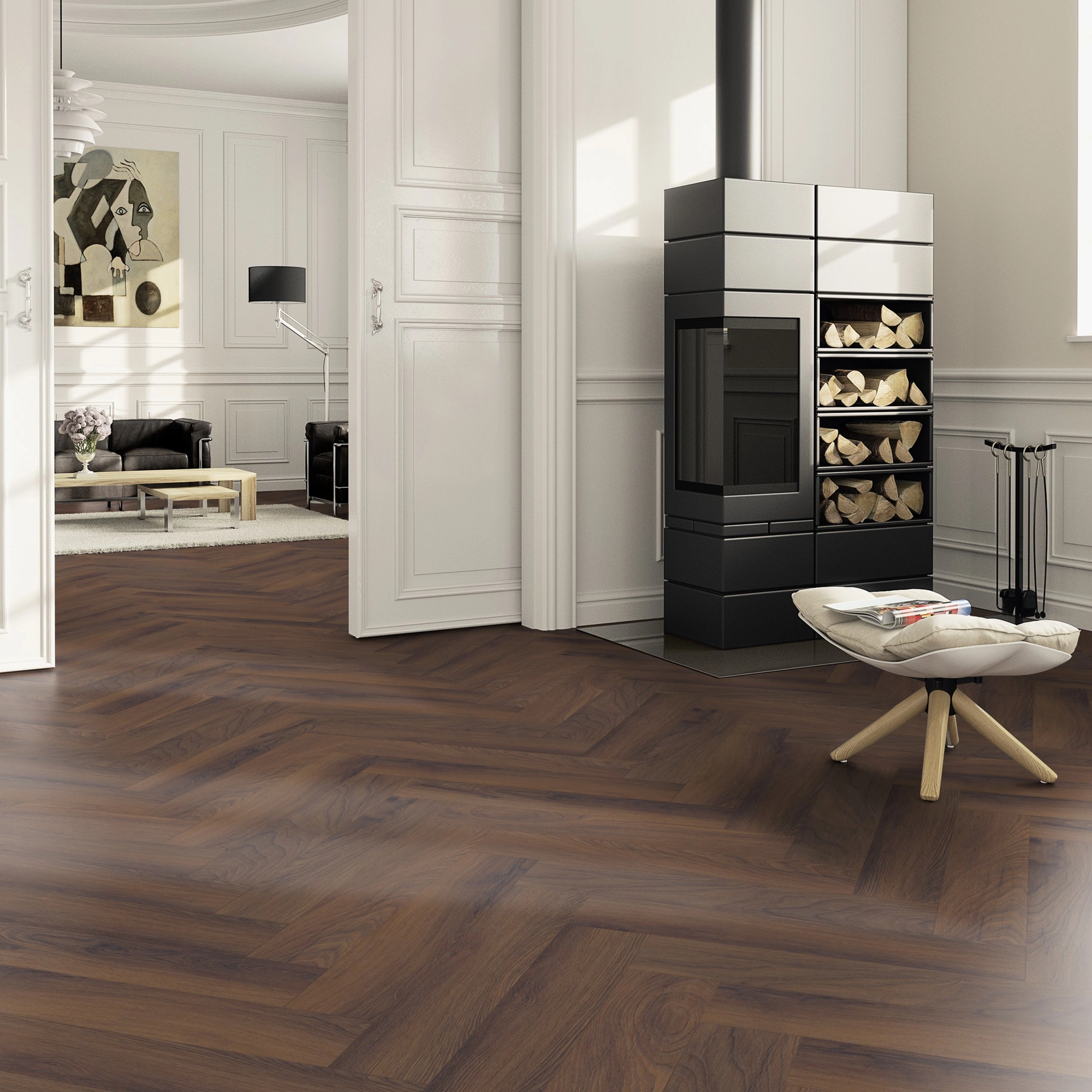 Milieubild Wohnzimmer im Landhaus-Stil mit Kamin - ter Hürne Laminat Herringbone Edition Eiche Estate Milieubild Wohnzimmer im Landhaus-Stil mit Kamin - ter Hürne 1101021852