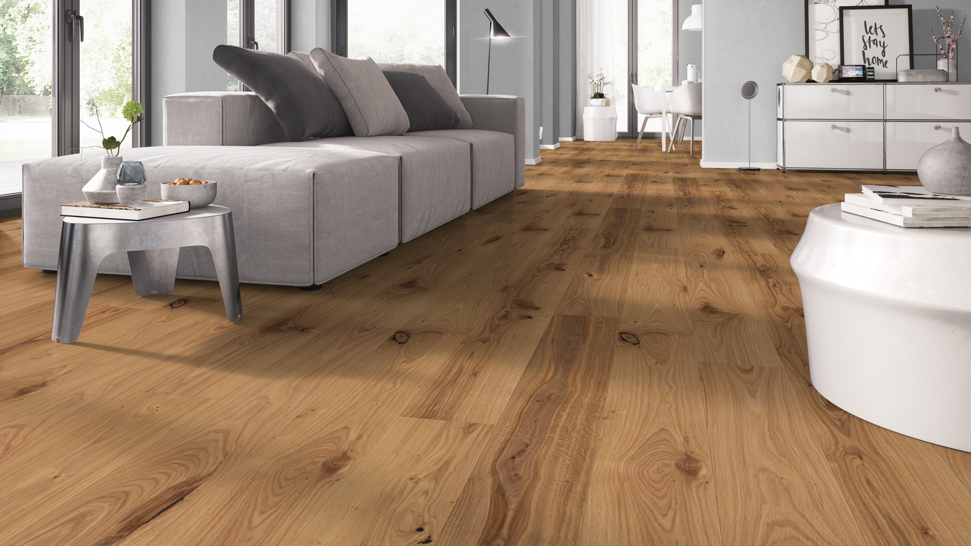 Milieubild Wohnzimmer mit Sofa - bodentiefe Perspektive - Admonter Parkett FLOORs Eiche Rustic Milieubild Wohnzimmer mit Sofa - bodentiefe Perspektive - Admonter 106189