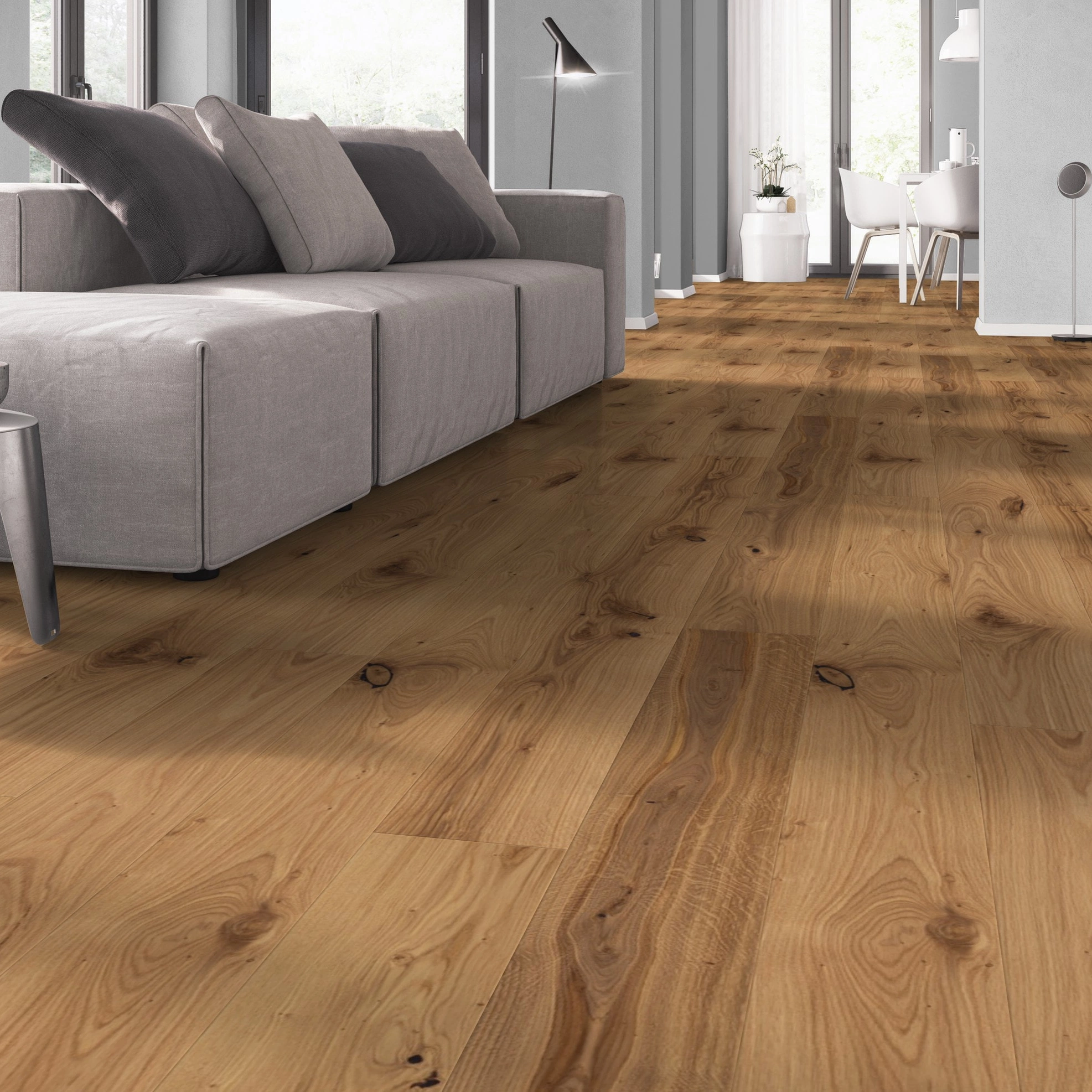 Milieubild Wohnzimmer mit Sofa - bodentiefe Perspektive - Admonter Parkett FLOORs Eiche Rustic Milieubild Wohnzimmer mit Sofa - bodentiefe Perspektive - Admonter 106189