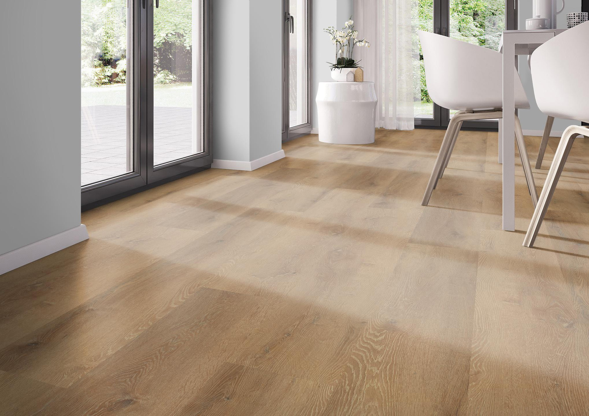 Milieubild Modernes Esszimmer - bodentiefe Perspektive - nexflor Rigid Klick-Vinyl Helios Click Collection Pylos Oak Milieubild Modernes Esszimmer - bodentiefe Perspektive - nexflor NXF-20030-008