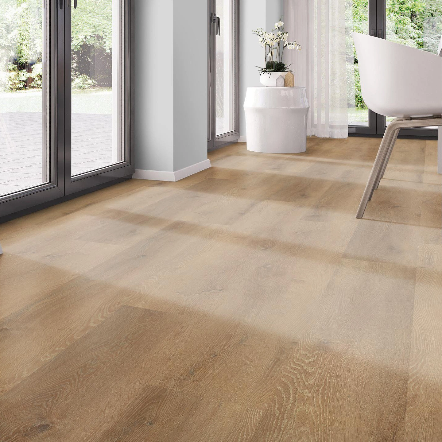 Milieubild Modernes Esszimmer - bodentiefe Perspektive - nexflor Rigid Klick-Vinyl Helios Click Collection Pylos Oak Milieubild Modernes Esszimmer - bodentiefe Perspektive - nexflor NXF-20030-008