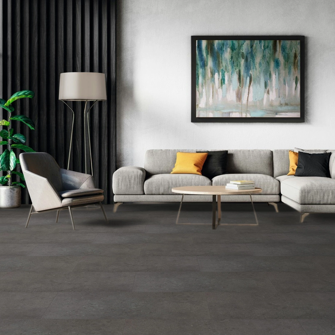 Milieubild Modernes Wohnzimmer mit Sessel und Sofa - BerryAlloc Klebe-Vinyl Zenn Gluedown 30 Rimini Milieubild Modernes Wohnzimmer mit Sessel und Sofa - BerryAlloc 60002227