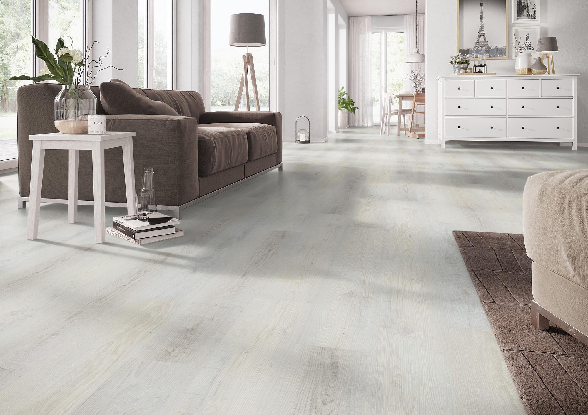 Milieubild Wohnzimmer mit Couch - nexflor Rigid Klick-Vinyl Apollo Click Collection Pergamon Oak Milieubild Wohnzimmer mit Couch - nexflor NXF-60030-008