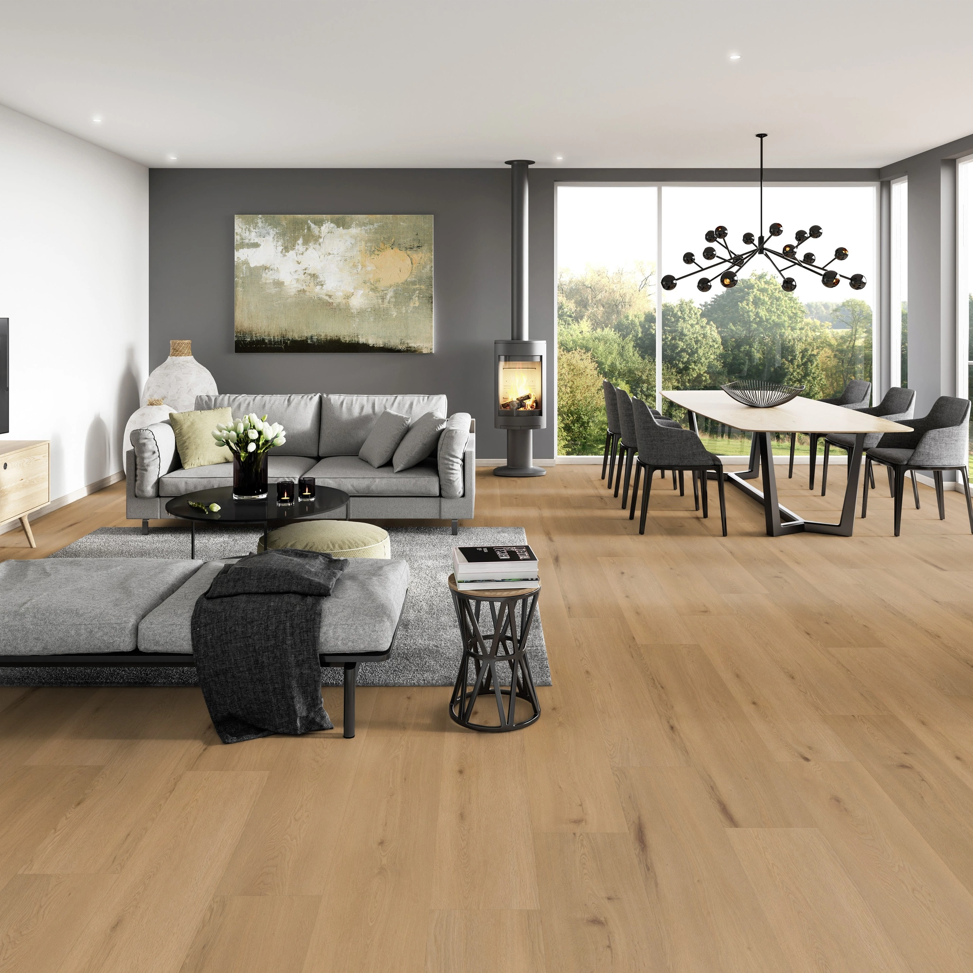 Milieubild Modernes Wohnzimmer mit Essbereich - ter Hürne Klebe-Vinyl Pro Classic Edition Eiche Lyon Milieubild Modernes Wohnzimmer mit Essbereich - ter Hürne 1101210424