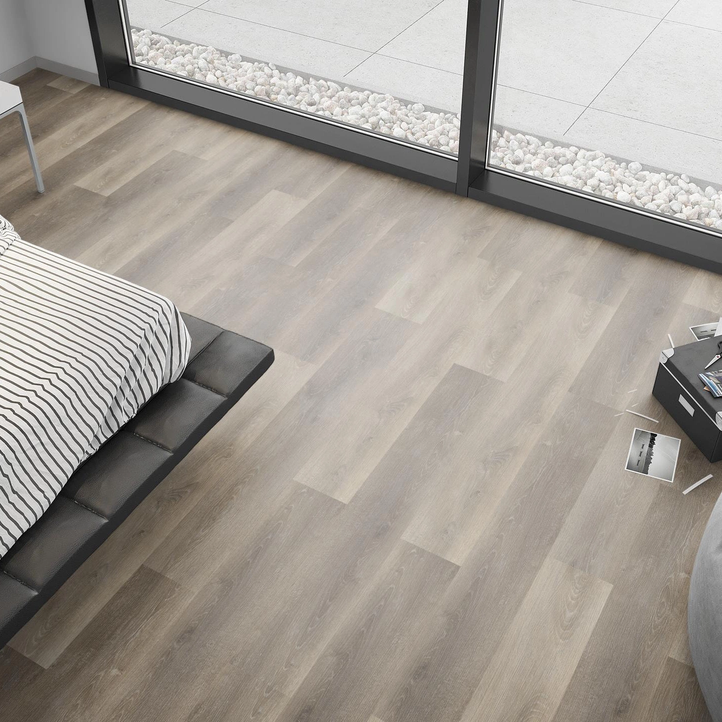 Milieubild Schlafzimmer mit Sitzkissen - nexflor Rigid Klick-Vinyl Apollo Click Collection Rhodes Oak Milieubild Schlafzimmer mit Sitzkissen - nexflor NXF-60030-010