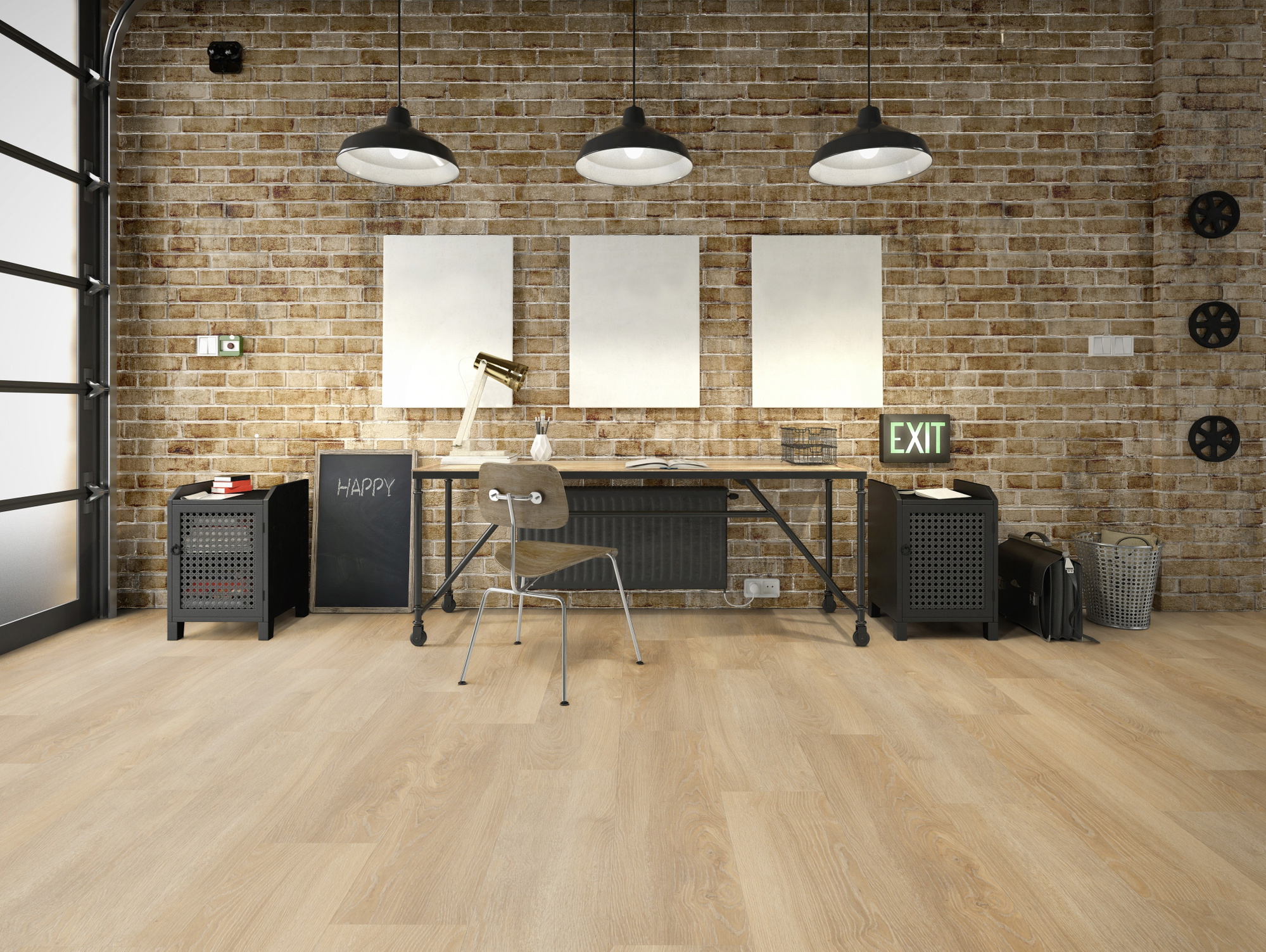 Milieubild Industrielles Wohnzimmer mit Arbeitsbereich - Friends by ter Hürne HDF Klick-Vinyl Eiche Ella Milieubild Industrielles Wohnzimmer mit Arbeitsbereich - Friends by ter Hürne 1188200102