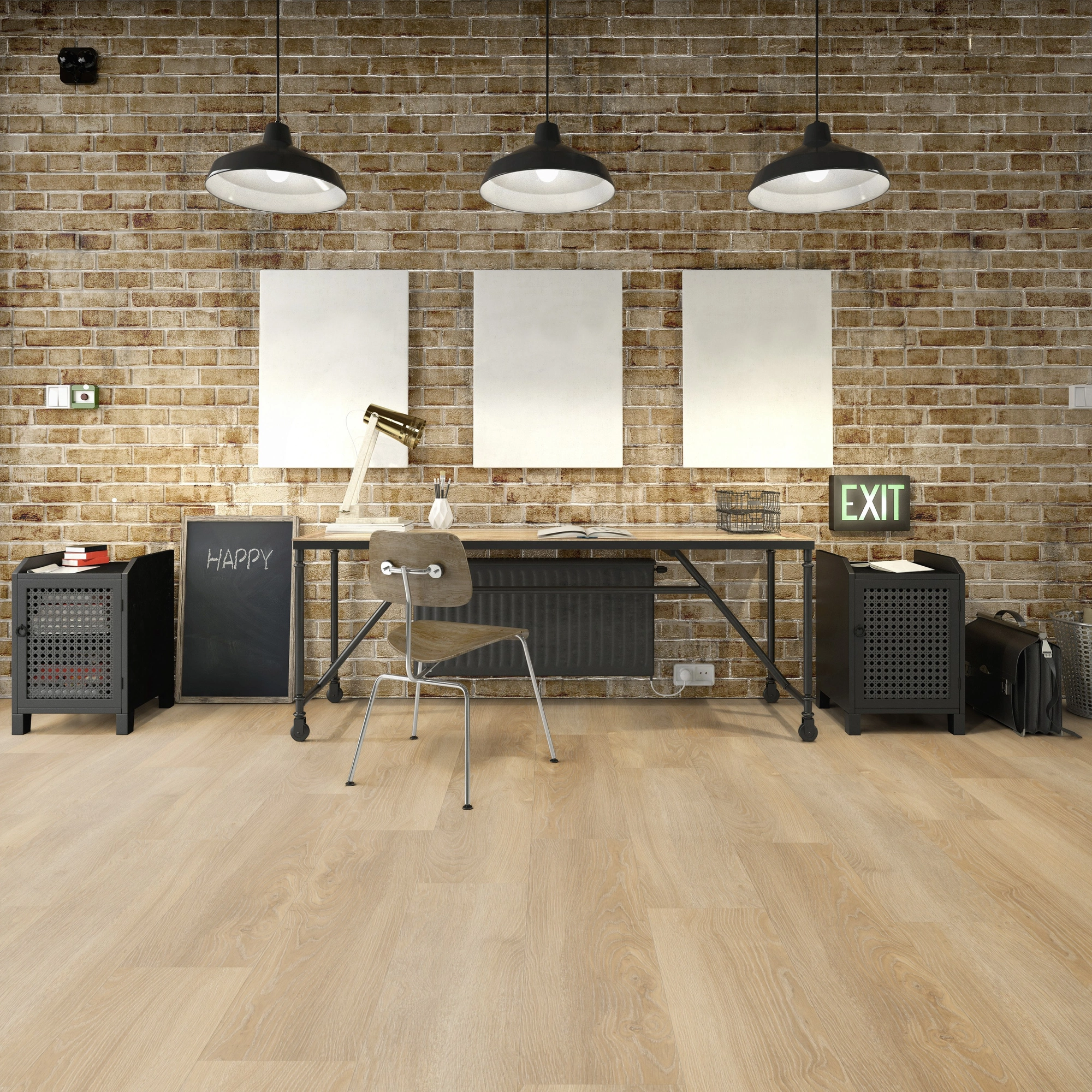 Milieubild Industrielles Wohnzimmer mit Arbeitsbereich - Friends by ter Hürne HDF Klick-Vinyl Eiche Ella Milieubild Industrielles Wohnzimmer mit Arbeitsbereich - Friends by ter Hürne 1188200102