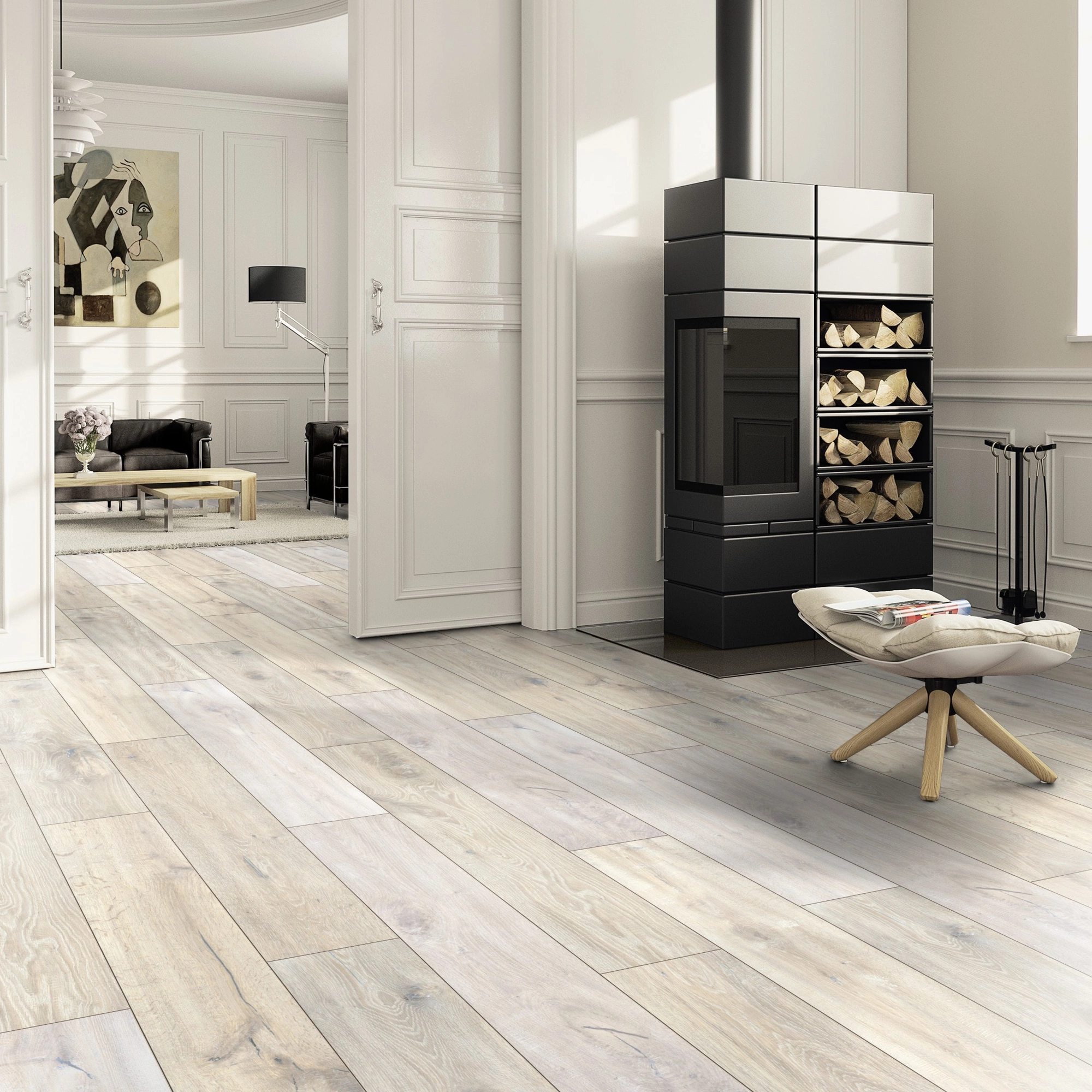 Milieubild Wohnzimmer im Landhaus-Stil mit Kamin - ter Hürne Laminat Classic Edition Eiche Ice Factory Milieubild Wohnzimmer im Landhaus-Stil mit Kamin - ter Hürne 1101021836