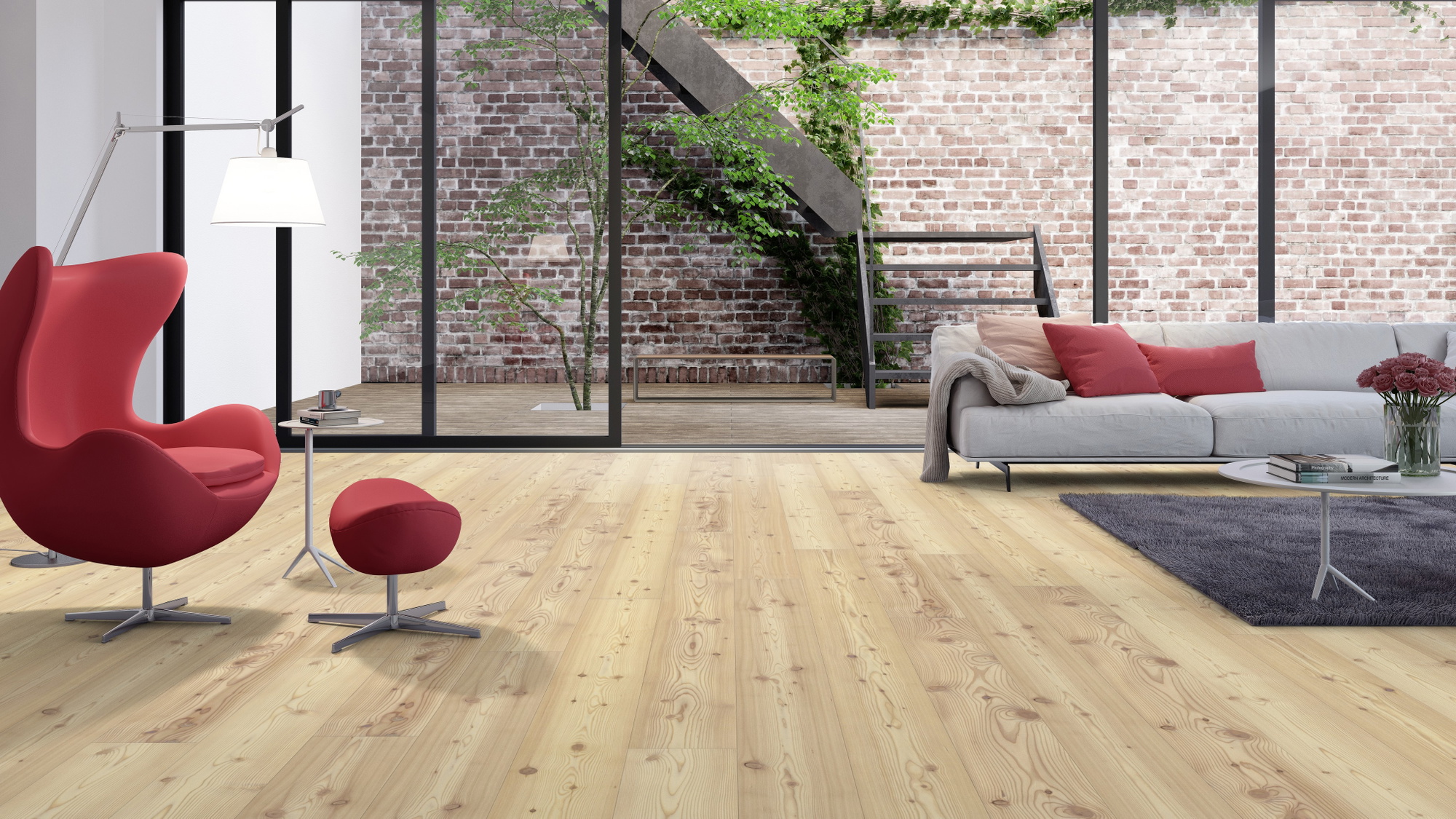 Milieubild Wohnzimmer mit Zugang zum Innenhof - Admonter Parkett Stammbaum Kollektion Lärche weiß Milieubild Wohnzimmer mit Zugang zum Innenhof - Admonter 118436
