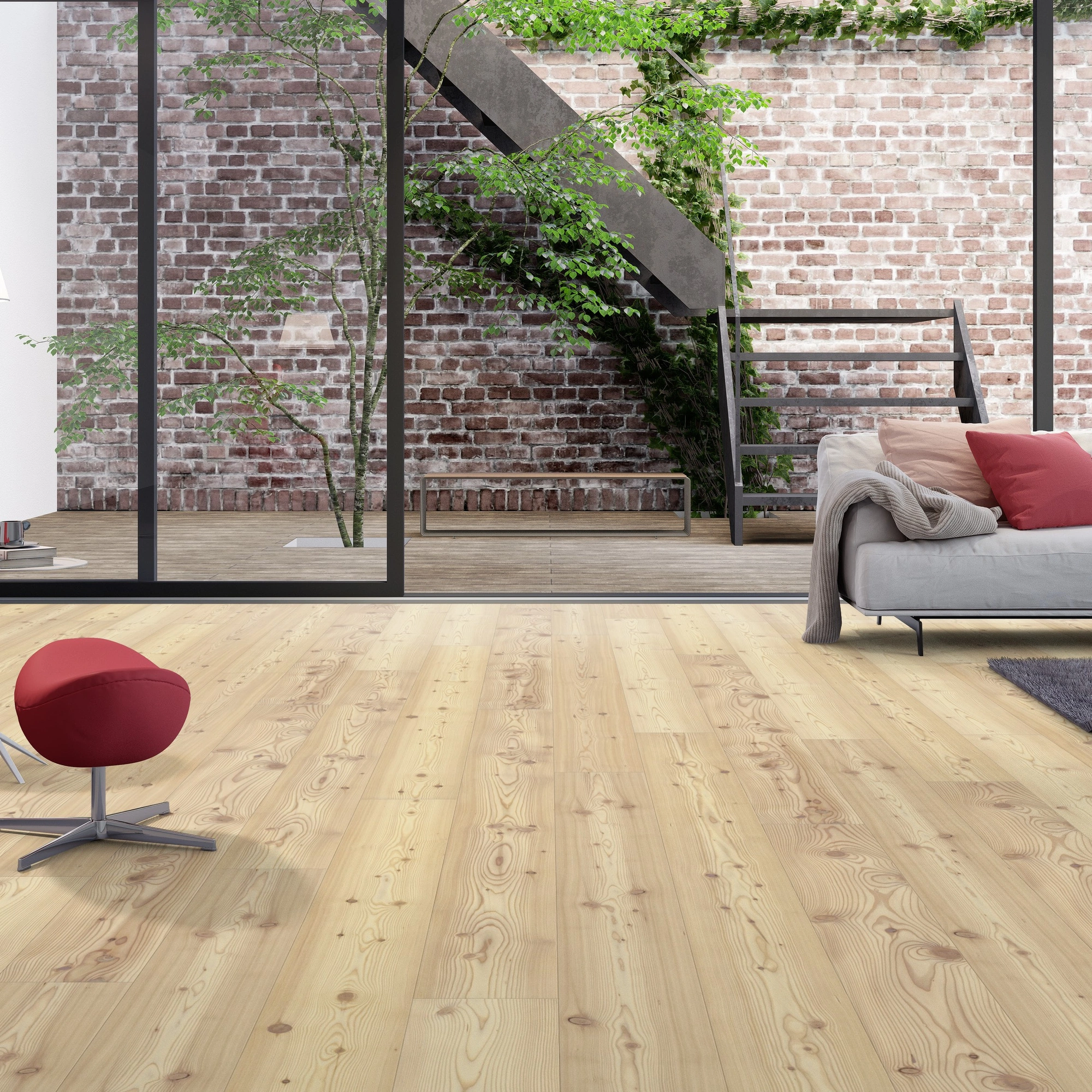 Milieubild Wohnzimmer mit Zugang zum Innenhof - Admonter Parkett Stammbaum Kollektion Lärche weiß Milieubild Wohnzimmer mit Zugang zum Innenhof - Admonter 118436