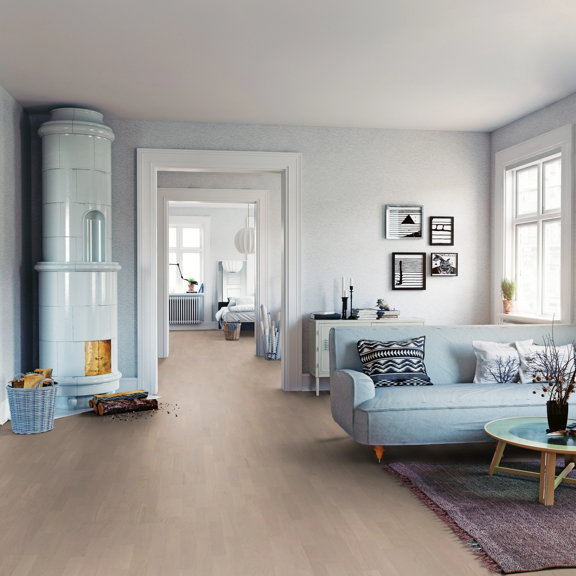 Milieubild Wohnzimmer mit Sofa und Kachelofen - ter Hürne Parkett Tailored Collection Eiche Veneto Milieubild Wohnzimmer mit Sofa und Kachelofen - ter Hürne 1101312514
