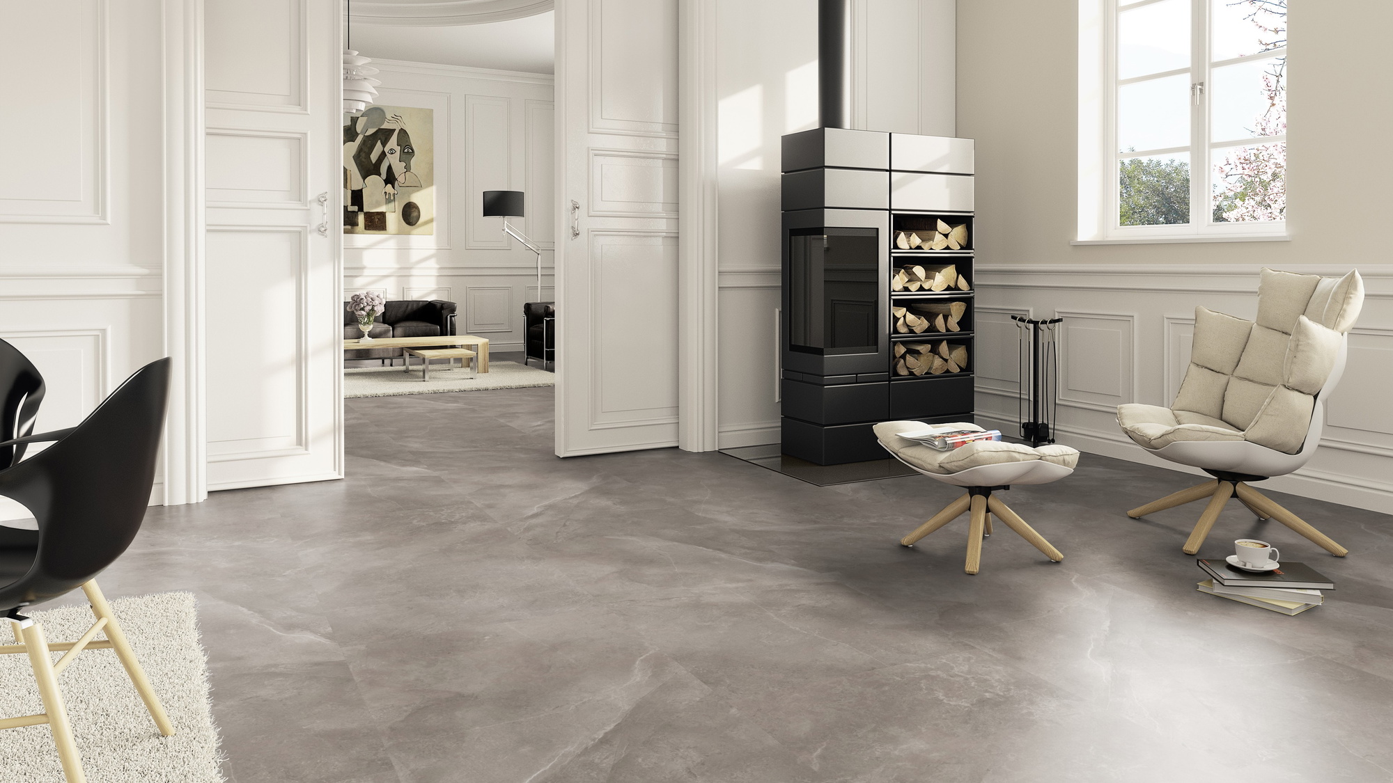Milieubild Wohnzimmer im Landhaus-Stil mit Kamin - ter Hürne Klebe-Designboden Avatara Pro Stone Edition Stein Dia Milieubild Wohnzimmer im Landhaus-Stil mit Kamin - ter Hürne 1101270304