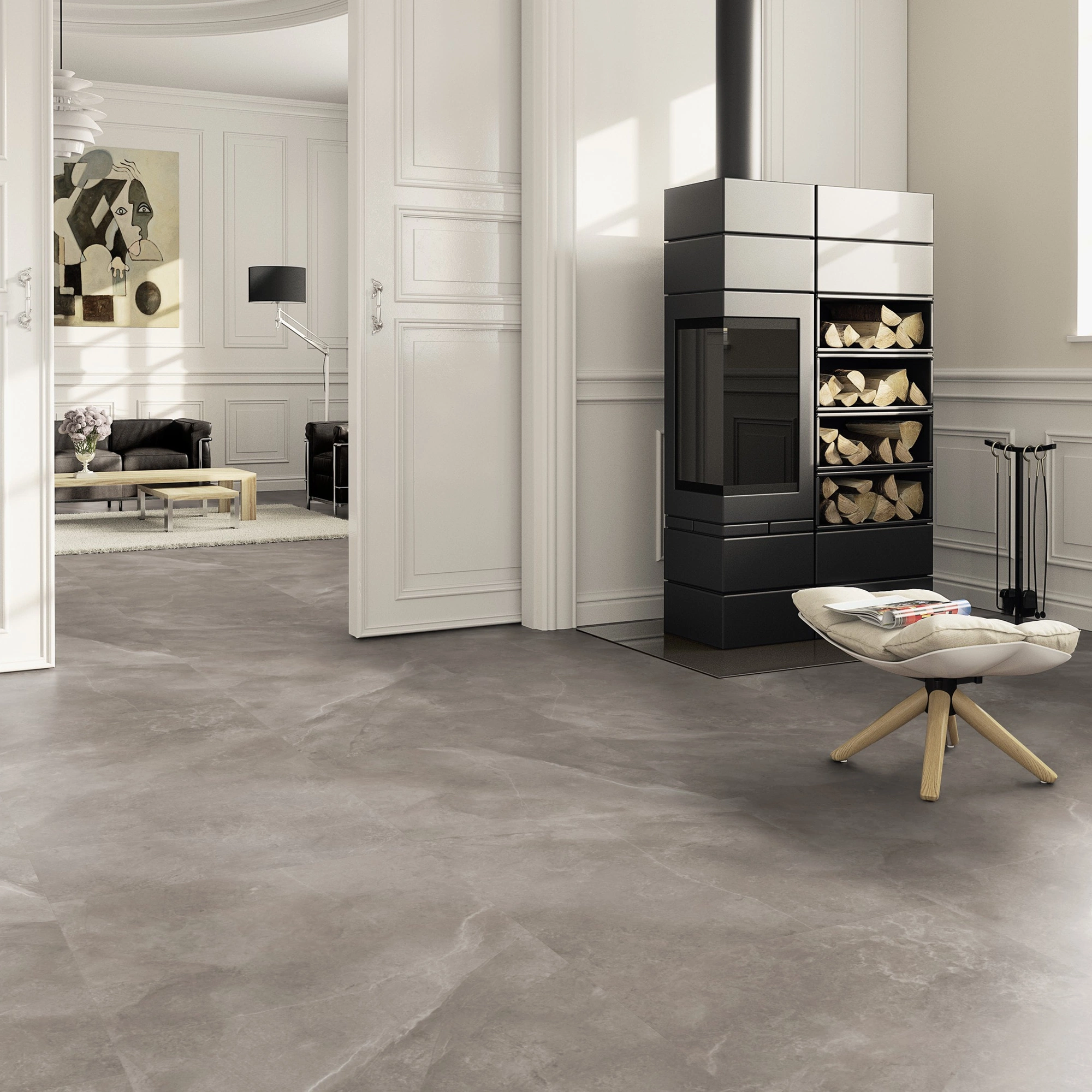 Milieubild Wohnzimmer im Landhaus-Stil mit Kamin - ter Hürne Klebe-Designboden Avatara Pro Stone Edition Stein Dia Milieubild Wohnzimmer im Landhaus-Stil mit Kamin - ter Hürne 1101270304