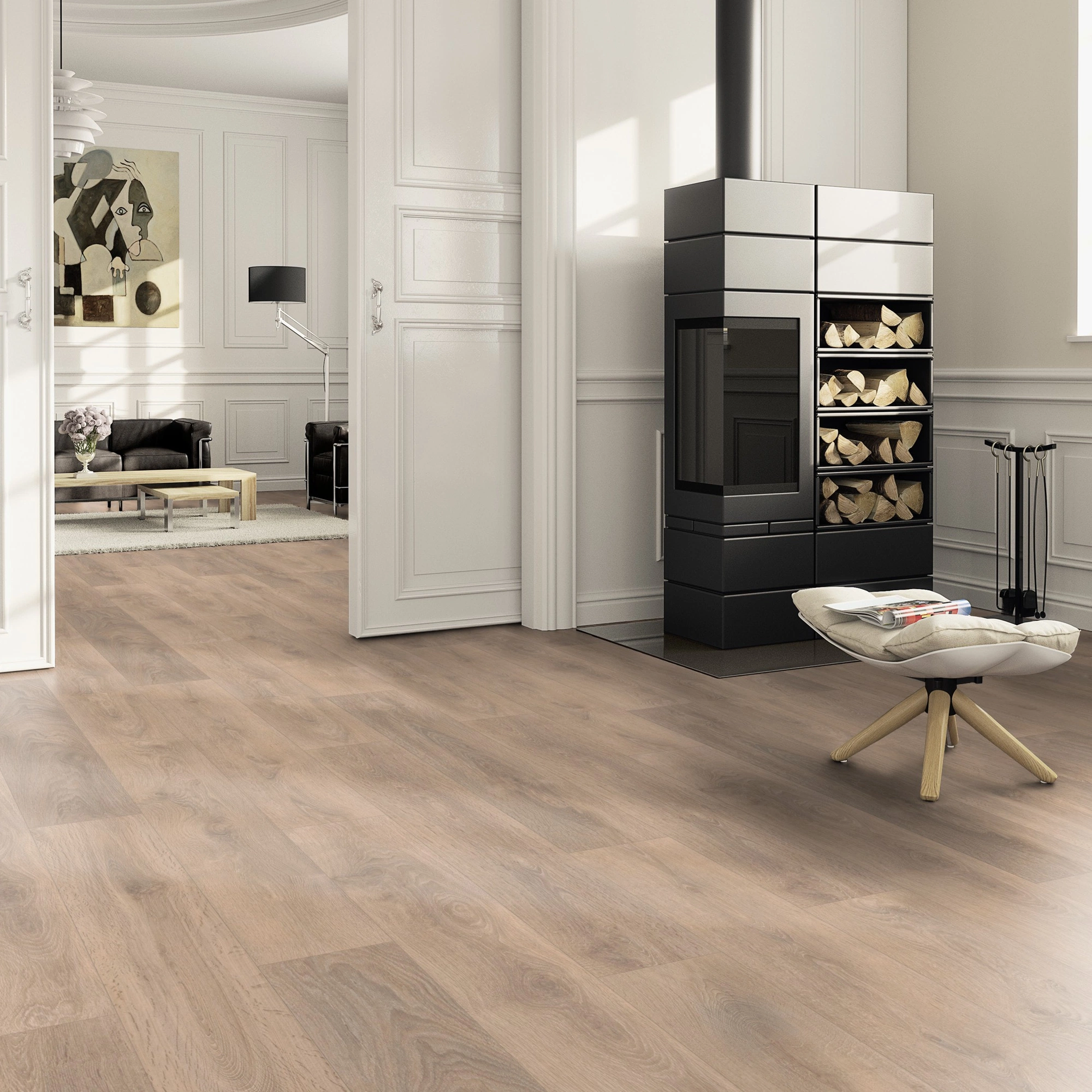 Milieubild Wohnzimmer im Landhaus-Stil mit Kamin - ter Hürne Laminat Classic Edition Eiche French Bistro Milieubild Wohnzimmer im Landhaus-Stil mit Kamin - ter Hürne 1101021838