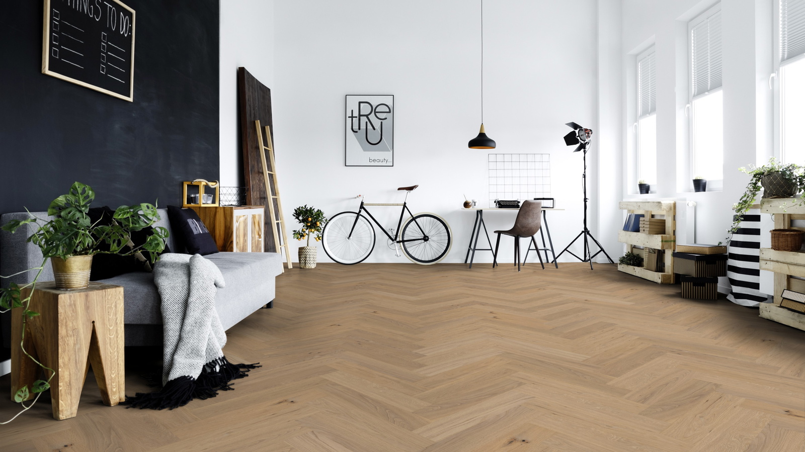 Milieubild Junges Wohnzimmer mit Sofa und Rennrad - Thede & Witte 52MSÖNF15EI53