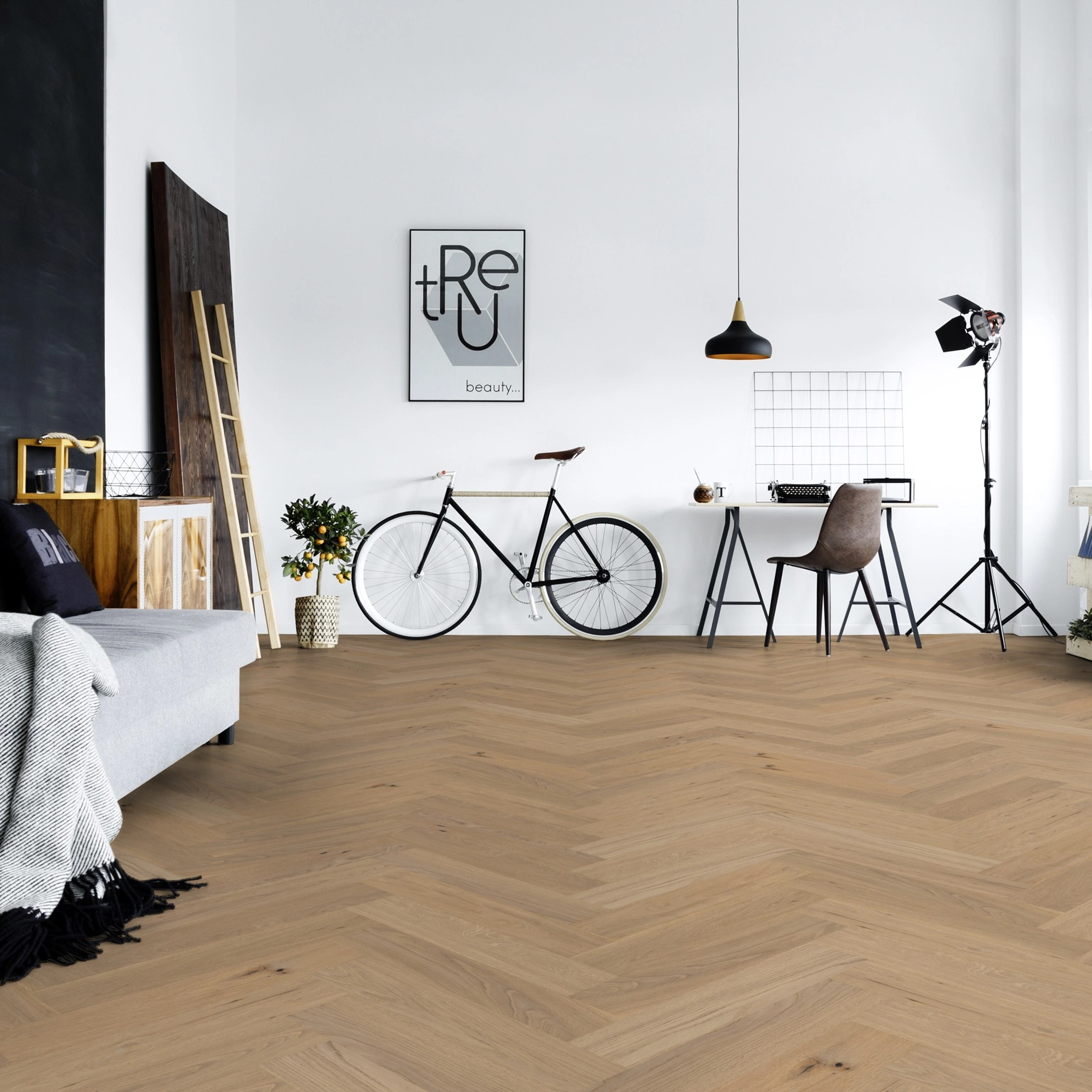 Milieubild Junges Wohnzimmer mit Sofa und Rennrad - Thede & Witte Parkett Maxistab Eiche Rohoptik Milieubild Junges Wohnzimmer mit Sofa und Rennrad - Thede & Witte 52MSÖNF15EI53