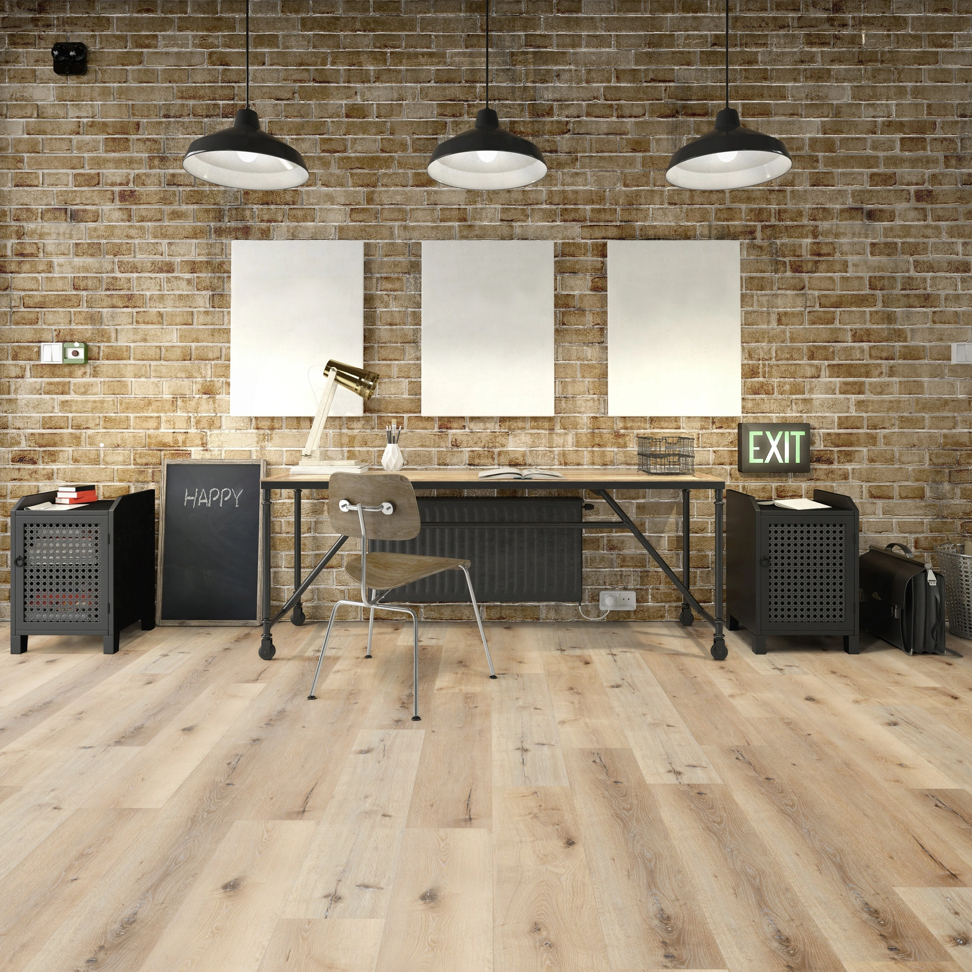 Milieubild Industrielles Wohnzimmer mit Arbeitsbereich - Friends by ter Hürne HDF Klick-Vinyl Eiche Carl Milieubild Industrielles Wohnzimmer mit Arbeitsbereich - Friends by ter Hürne 1188200005