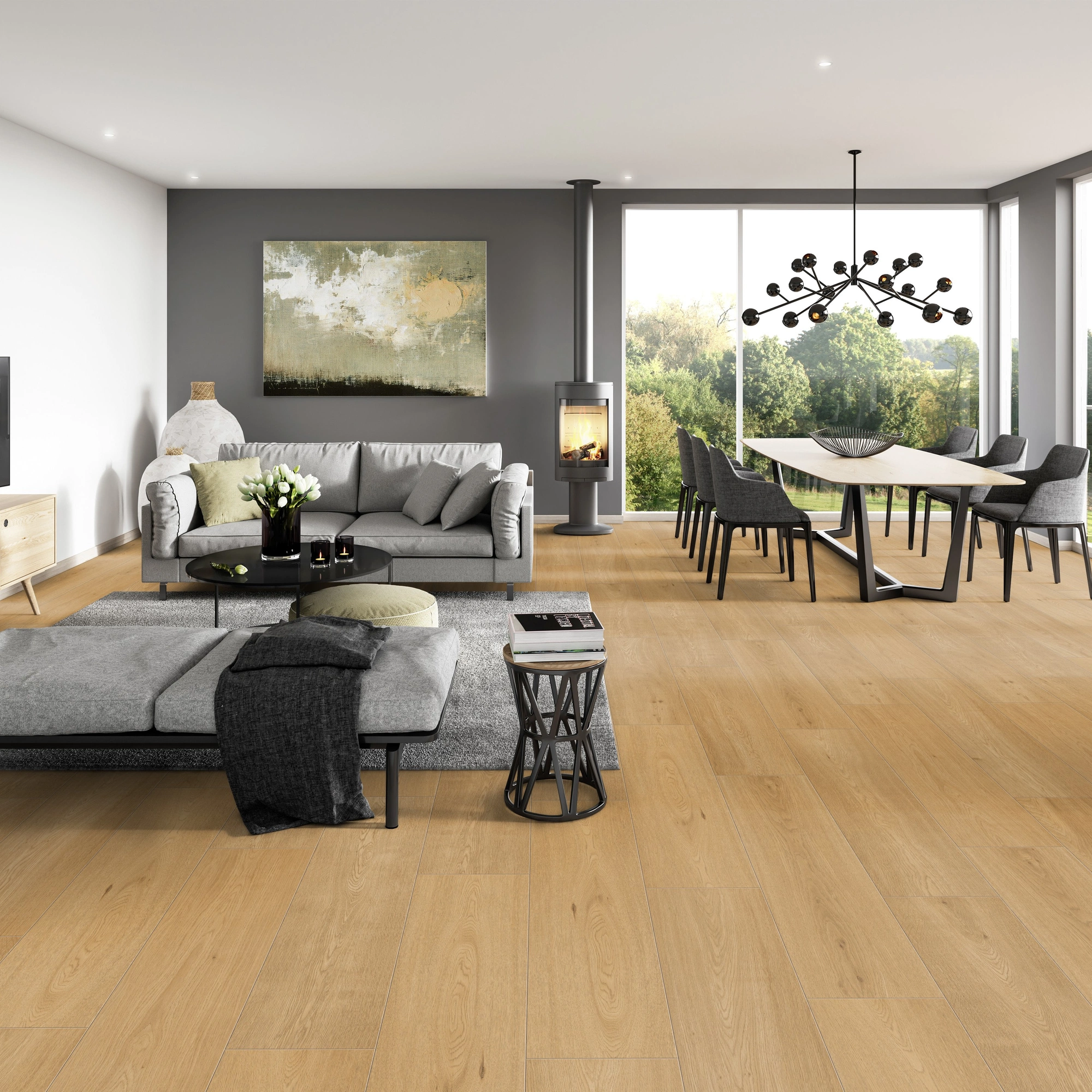 Milieubild Modernes Wohnzimmer mit Essbereich - ter Hürne Laminat Trend Edition Eiche Pure Milieubild Modernes Wohnzimmer mit Essbereich - ter Hürne 1101021843