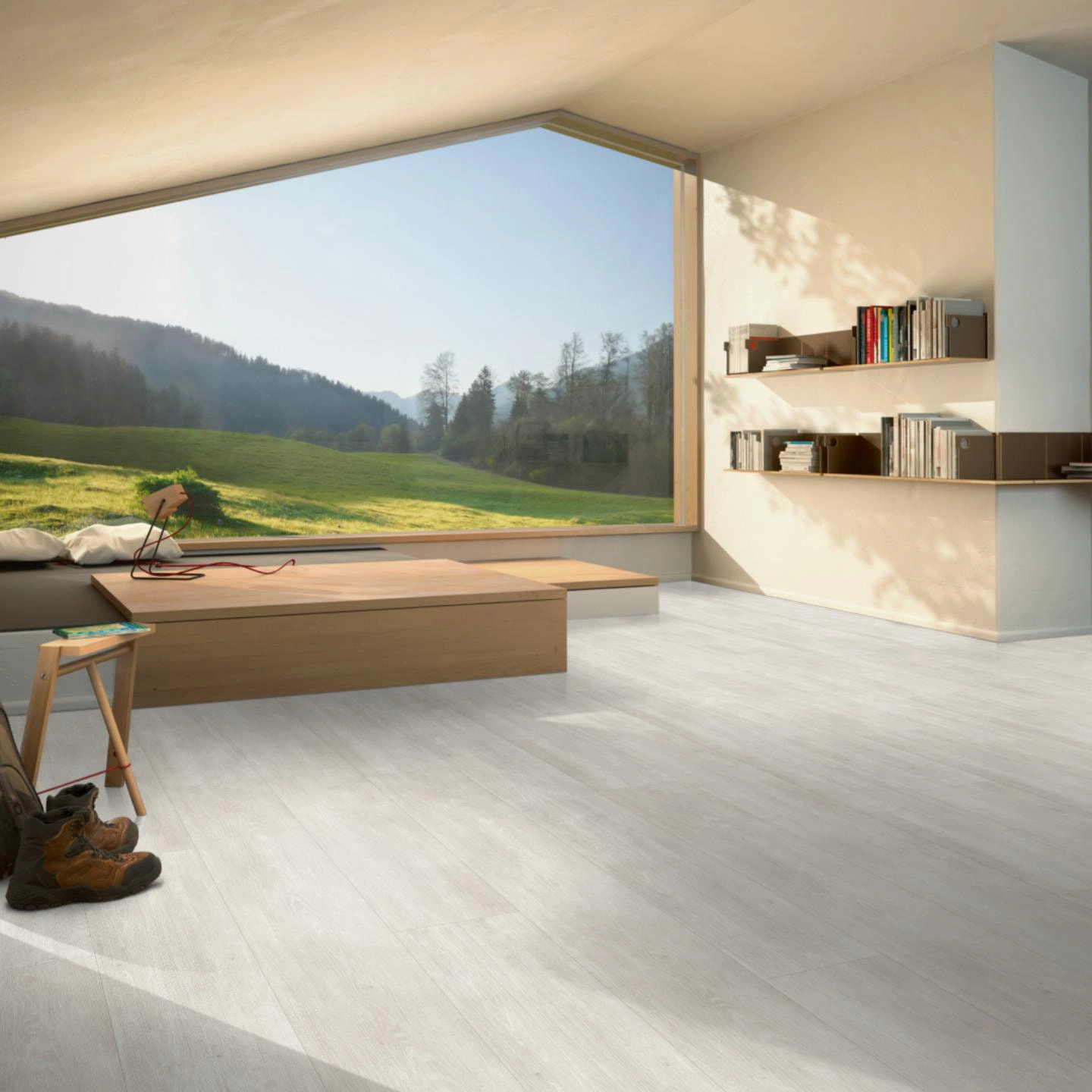 Milieubild Moderne Hütte mit Blick in die Natur - Parador HDF Klick-Designboden Modular ONE Eiche Nordic weiß Milieubild Moderne Hütte mit Blick in die Natur - Parador 1744558
