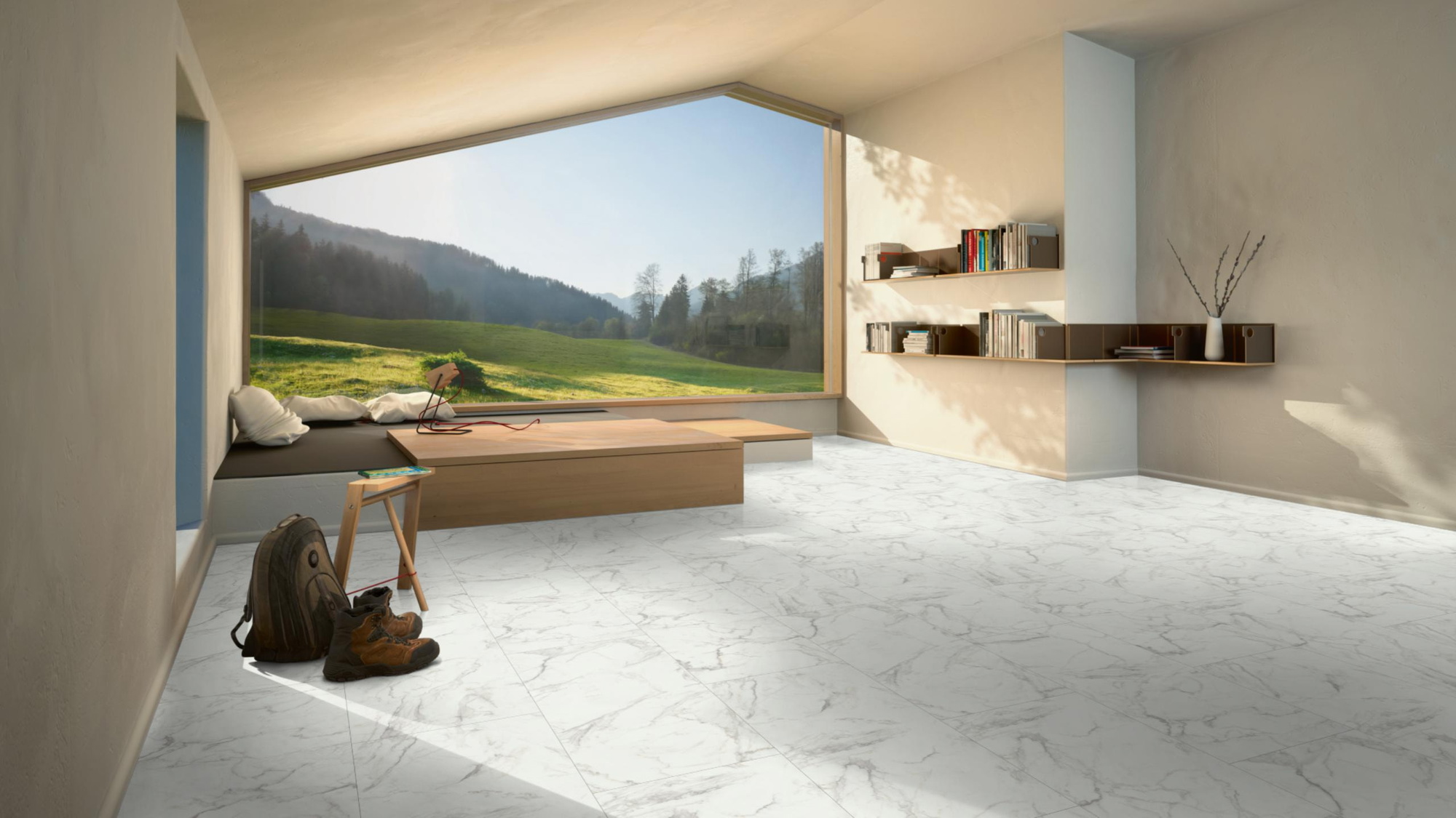 Milieubild Moderne Hütte mit Blick in die Natur - Parador HDF Klick-Designboden Modular ONE Mamor Eos weiß Milieubild Moderne Hütte mit Blick in die Natur - Parador 1748733