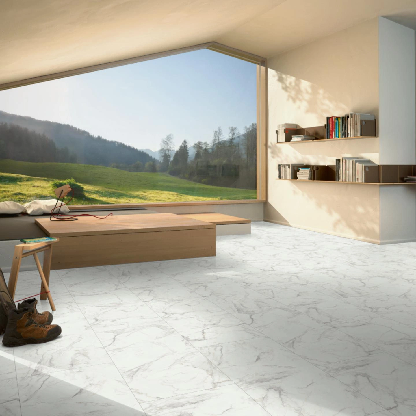 Milieubild Moderne Hütte mit Blick in die Natur - Parador HDF Klick-Designboden Modular ONE Mamor Eos weiß Milieubild Moderne Hütte mit Blick in die Natur - Parador 1748733