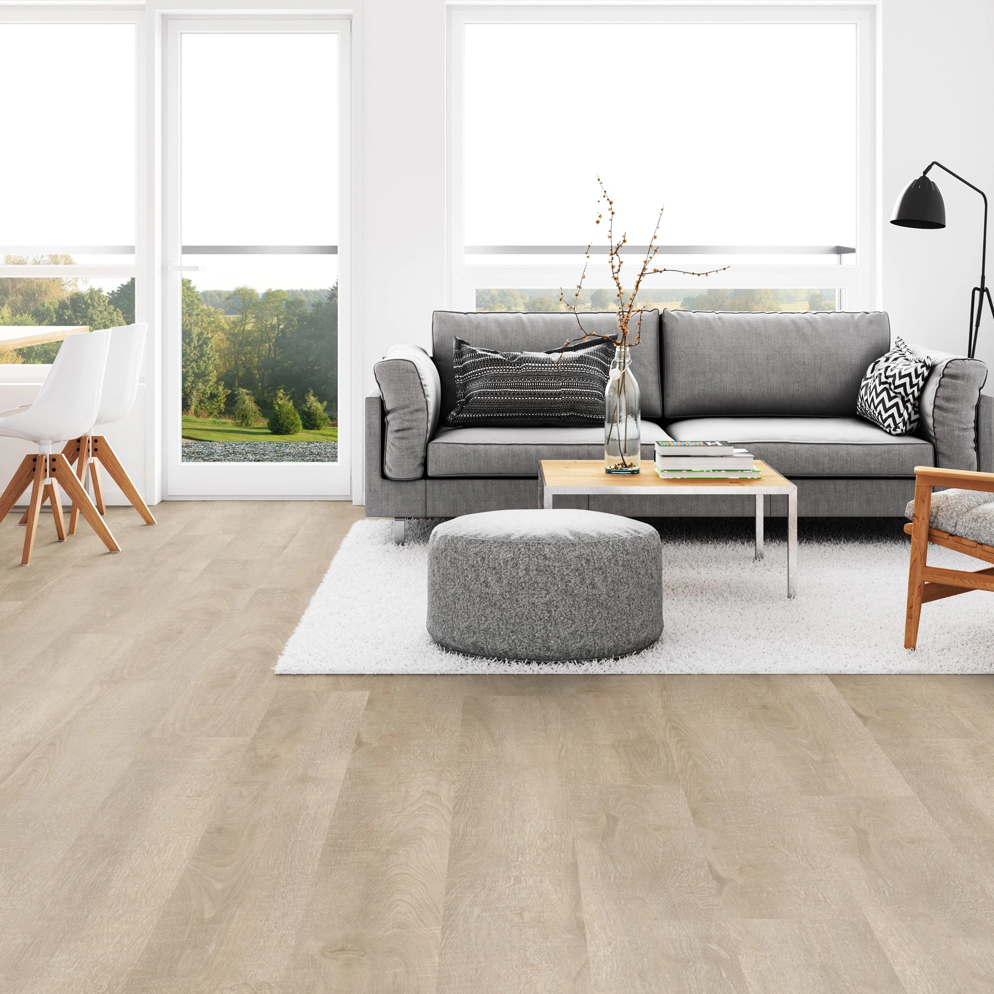 Milieubild Wohnzimmer mit Esszimmer - Tarkett Klebe-Vinyl iD Inspiration 30 CLASSICS Antik Oak Beige Milieubild Wohnzimmer mit Esszimmer - Tarkett 24524007