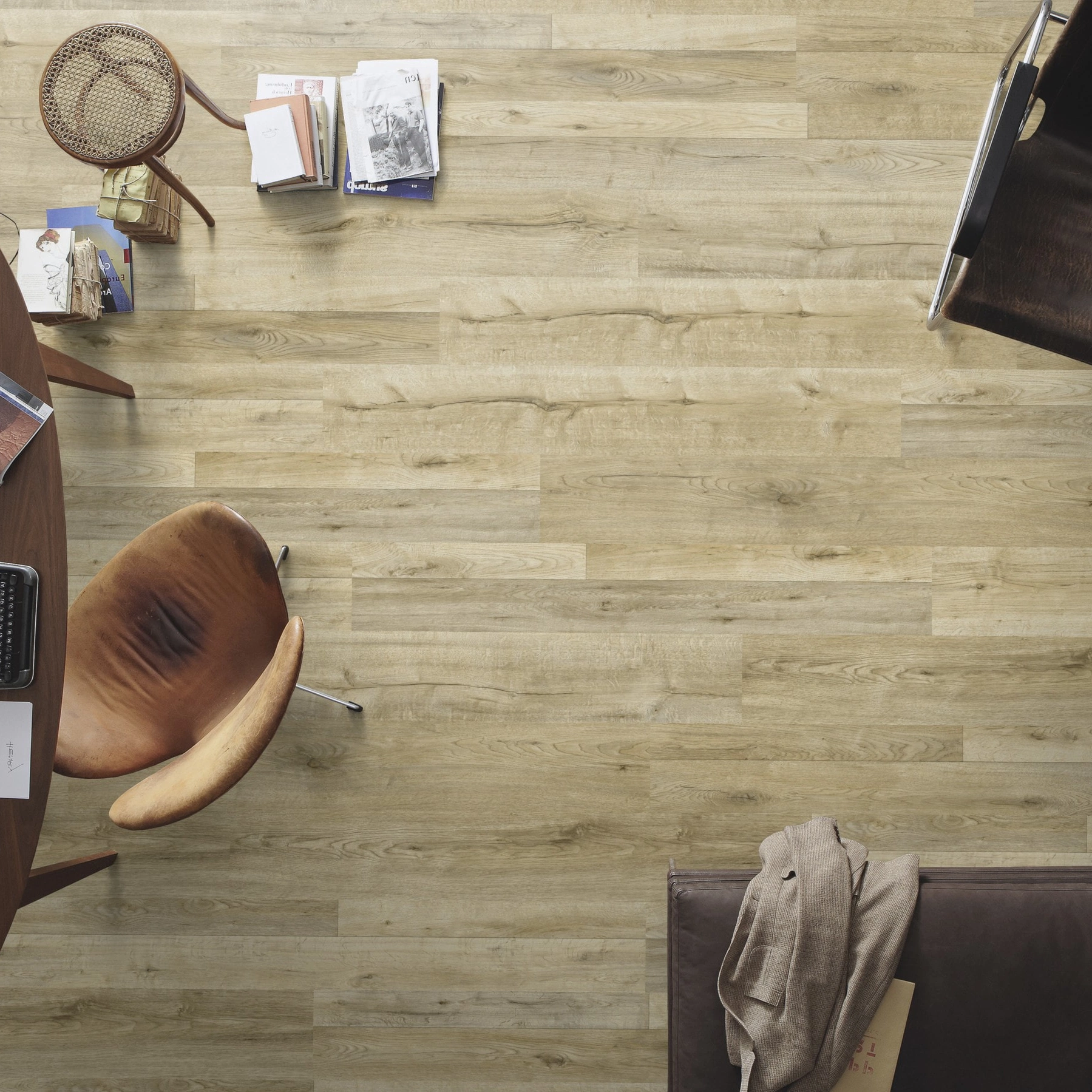 Milieubild Büro mit ovalem Tisch - Draufsicht - MEISTER Laminat LD 55 Eiche Bayfield Milieubild Büro mit ovalem Tisch - Draufsicht - MEISTER 600015-1288198-06679