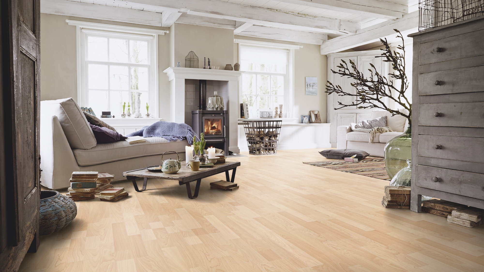 Milieubild Wohnzimmer im Landhaus-Stil - MEISTER Laminat LC 55 Ahorn Milieubild Wohnzimmer im Landhaus-Stil - MEISTER 600012-1288198-00202