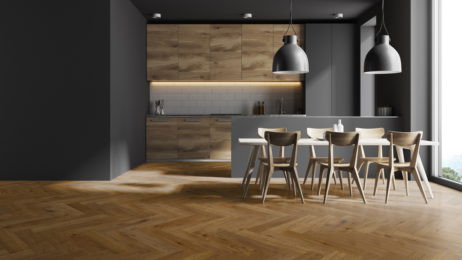 Milieubild Moderne Küche in dunkler Optik mit Essbereich - Thede & Witte 52MSÖENF15EI65