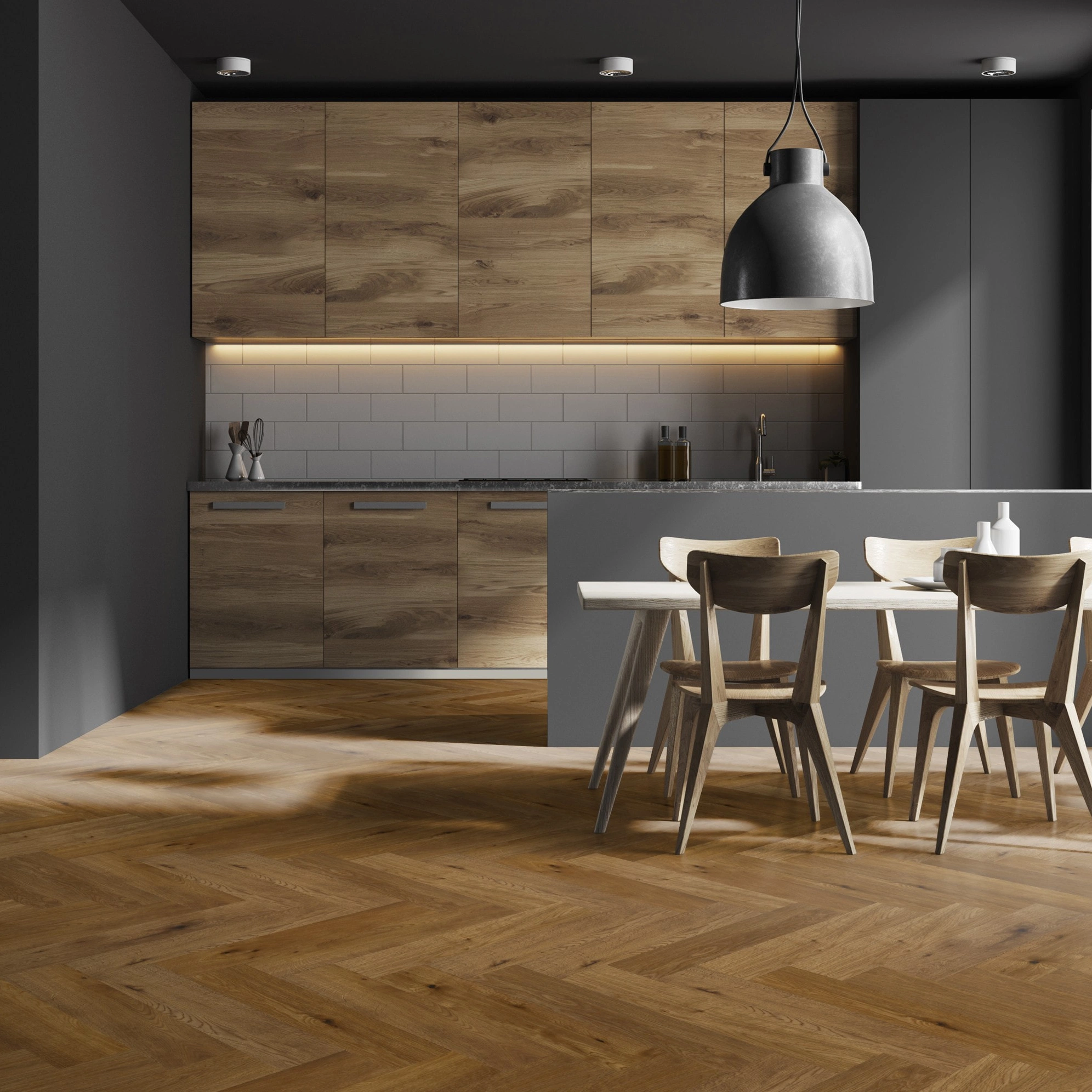 Milieubild Moderne Küche in dunkler Optik mit Essbereich - Thede & Witte Parkett Maxistab Eiche geräuchert Milieubild Moderne Küche in dunkler Optik mit Essbereich - Thede & Witte 52MSÖENF15EI65