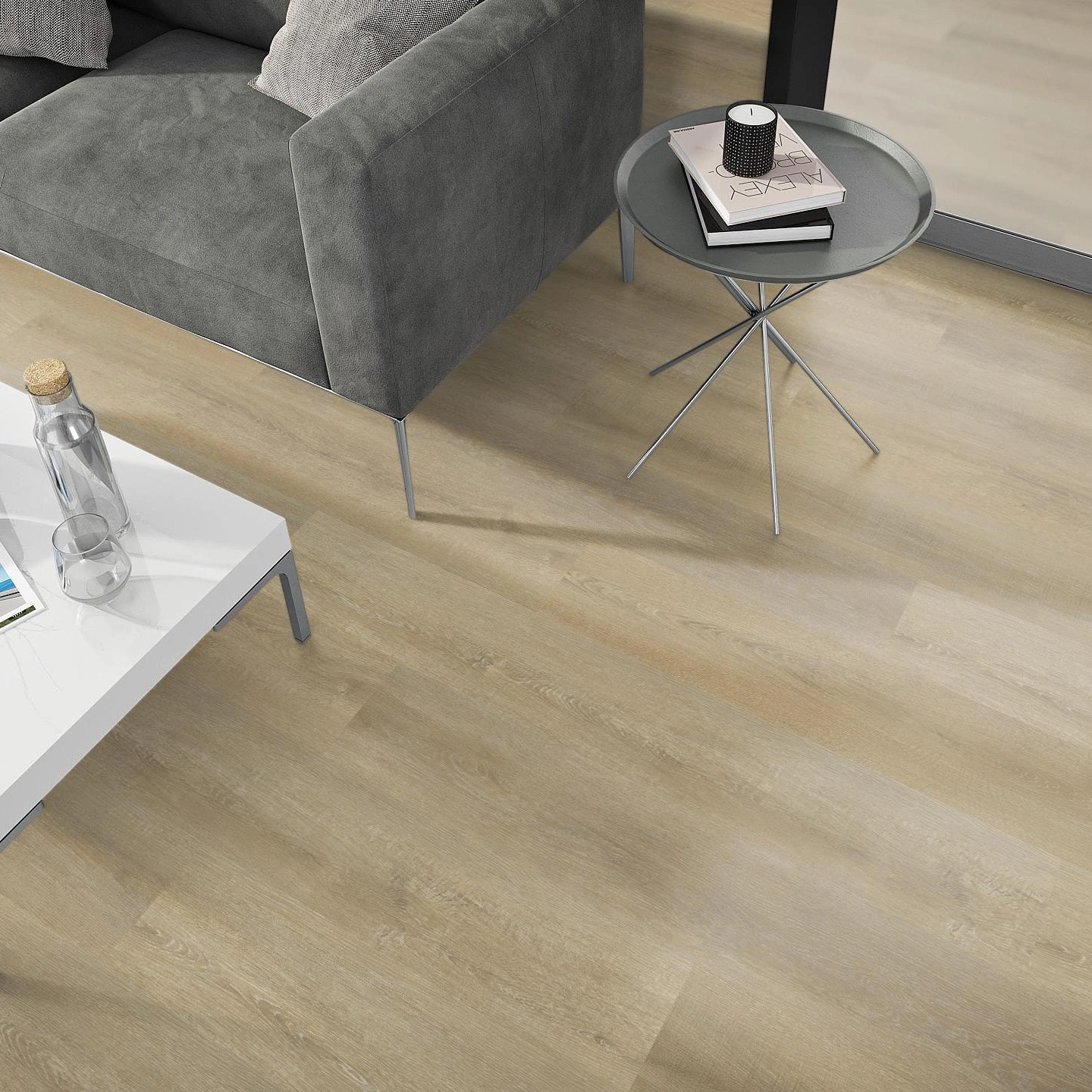 Milieubild Wohnzimmer - Sofa mit Beistelltisch und Glastür - nexflor Rigid Klick-Vinyl Apollo Click Collection Samos Oak Milieubild Wohnzimmer - Sofa mit Beistelltisch und Glastür - nexflor NXF-60030-015