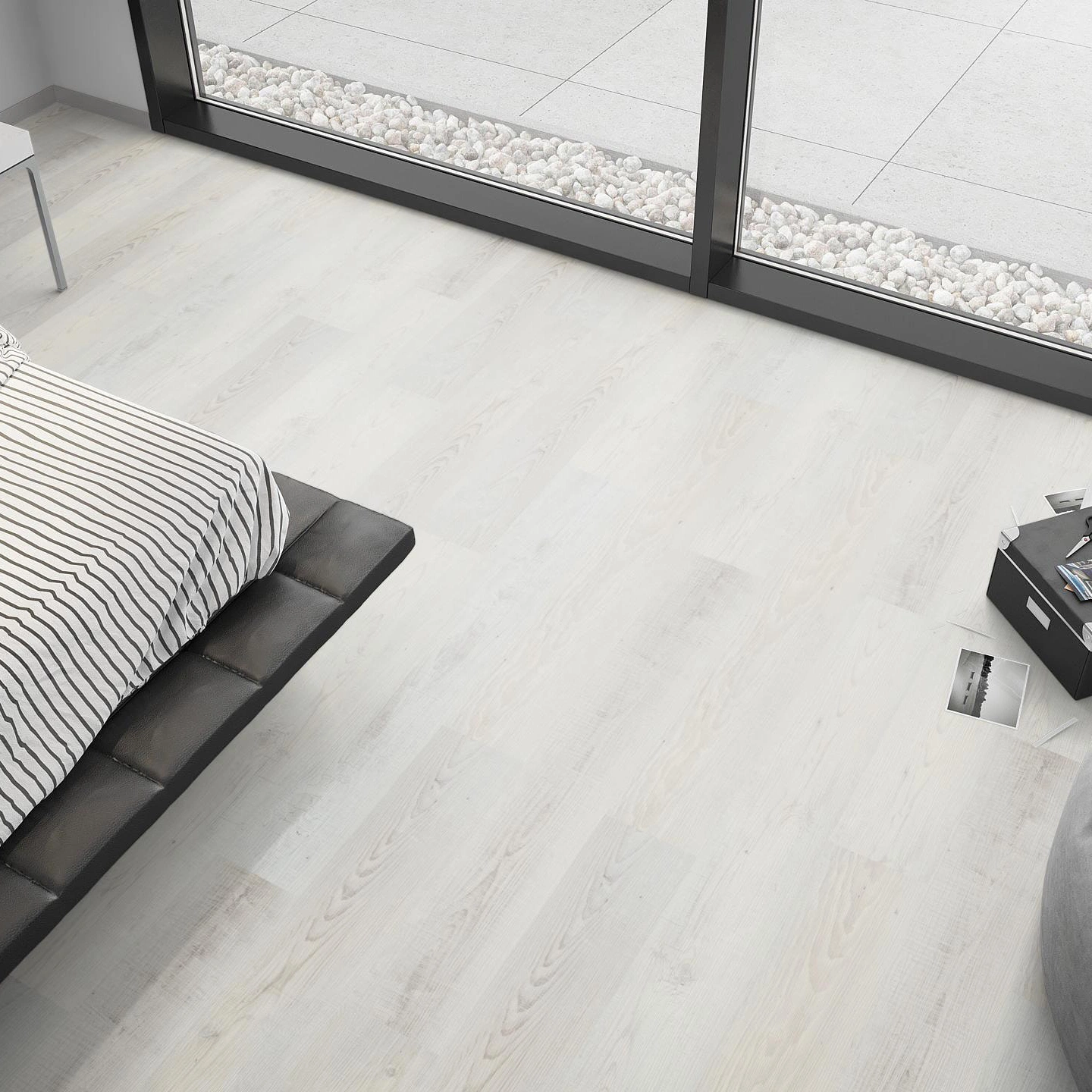 Milieubild Schlafzimmer mit Sitzkissen - nexflor Rigid Klick-Vinyl Apollo Click Collection Pergamon Oak Milieubild Schlafzimmer mit Sitzkissen - nexflor NXF-60030-008