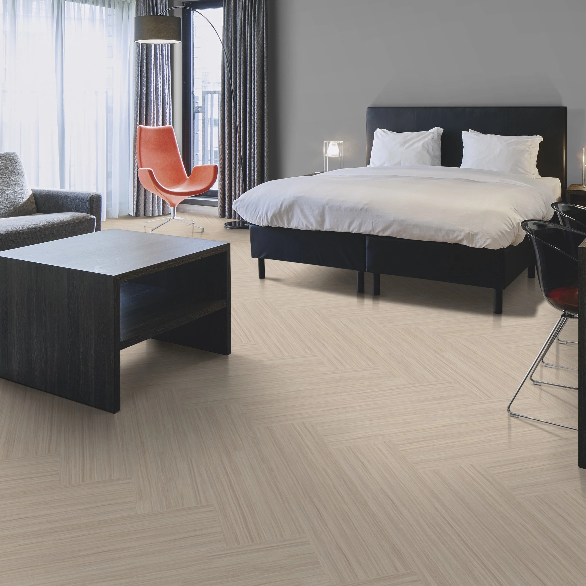 Milieubild Hotelzimmer mit Kingsize-Bett - Forbo Flooring Klebe-Bioboden Modular Lines Rocky Ice Milieubild Hotelzimmer mit Kingsize-Bett - Forbo Flooring 168299