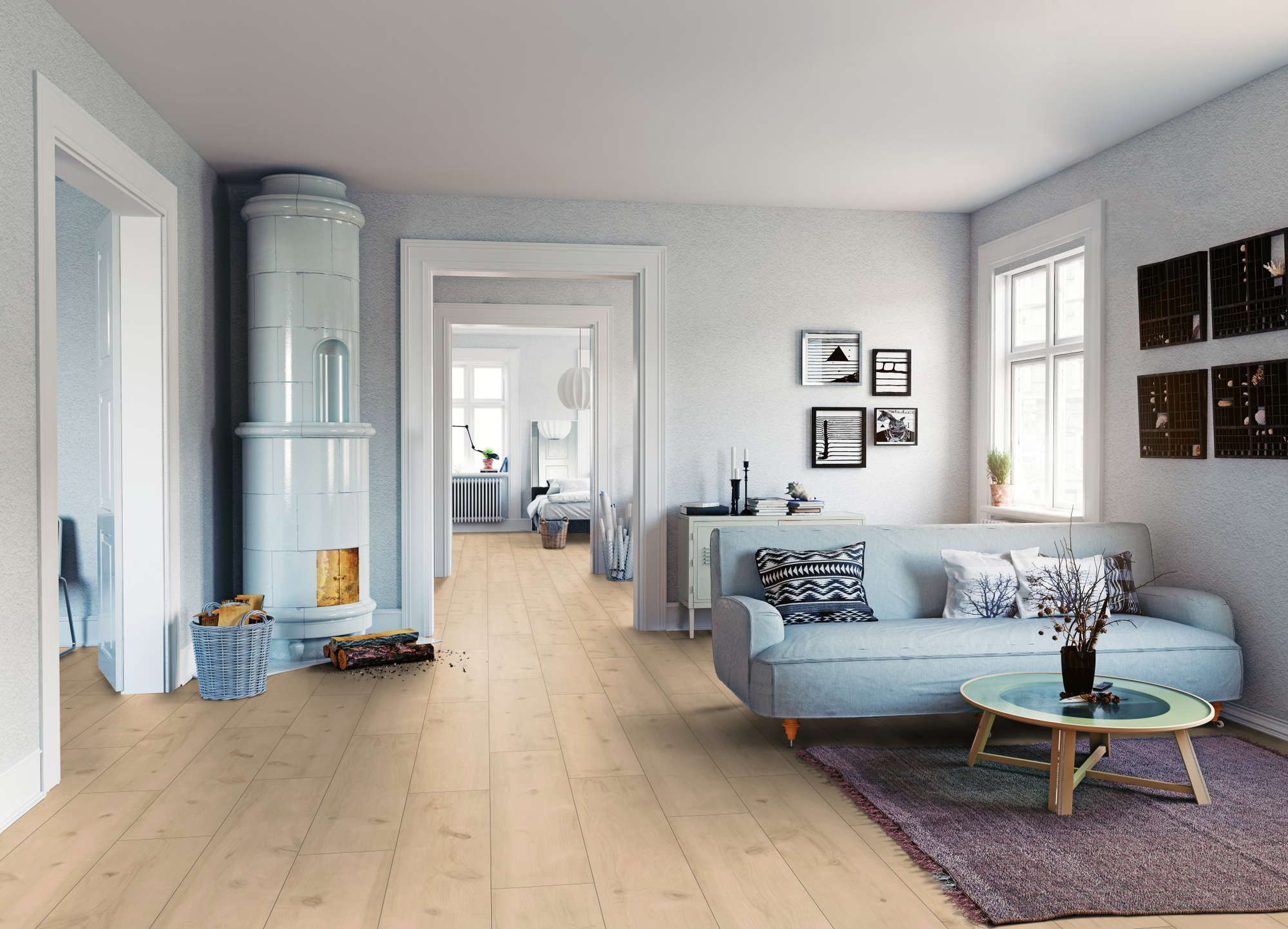 Milieubild Wohnzimmer mit Sofa und Kachelofen - ter Hürne Laminat Trend Edition Erle Feng Shui Milieubild Wohnzimmer mit Sofa und Kachelofen - ter Hürne 1101021827