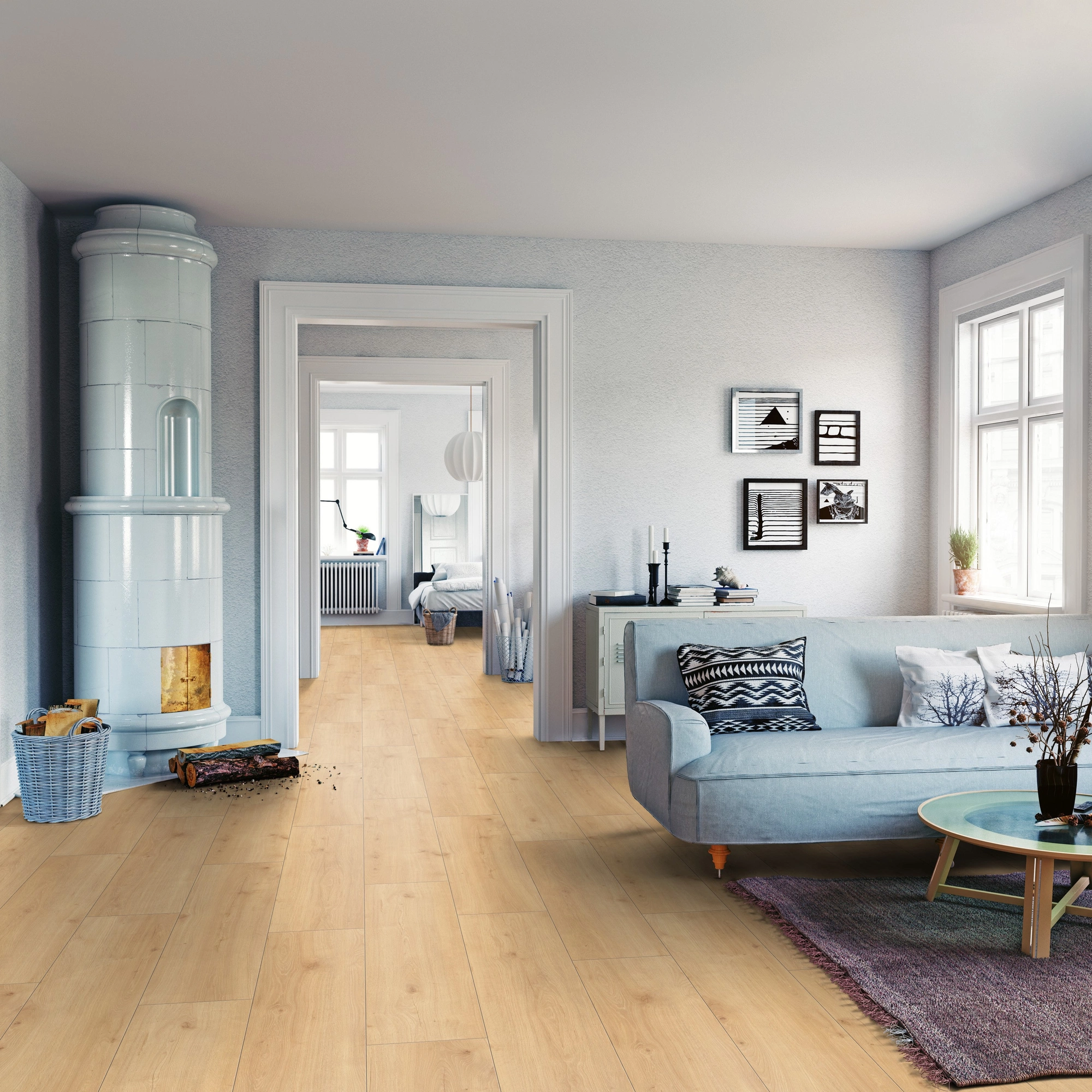 Milieubild Wohnzimmer mit Sofa und Kachelofen - ter Hürne Laminat Trend Edition Eiche Japandi Milieubild Wohnzimmer mit Sofa und Kachelofen - ter Hürne 1101021847