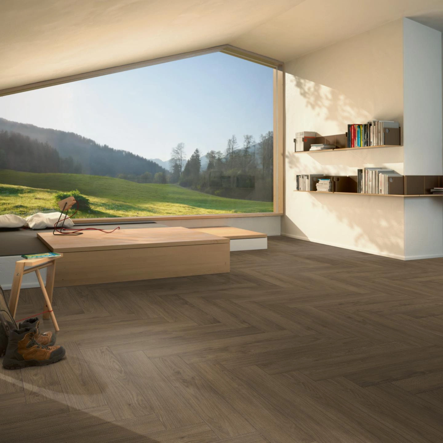 Milieubild Moderne Hütte mit Blick in die Natur - Parador Laminat Trendtime 3 Eiche Mont Blanc dunkelbraun Milieubild Moderne Hütte mit Blick in die Natur - Parador 1748754