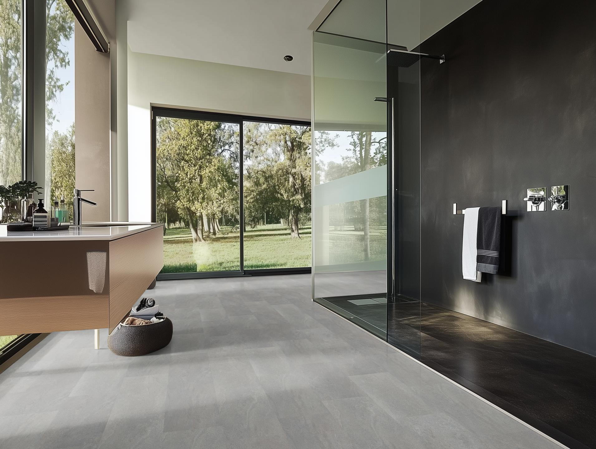 Milieubild Modernes Badezimmer mit bodentiefer Dusche - nexflor Rigid Klick-Vinyl Oreios Click Collection Mykale Milieubild Modernes Badezimmer mit bodentiefer Dusche - nexflor NXF-62030-002