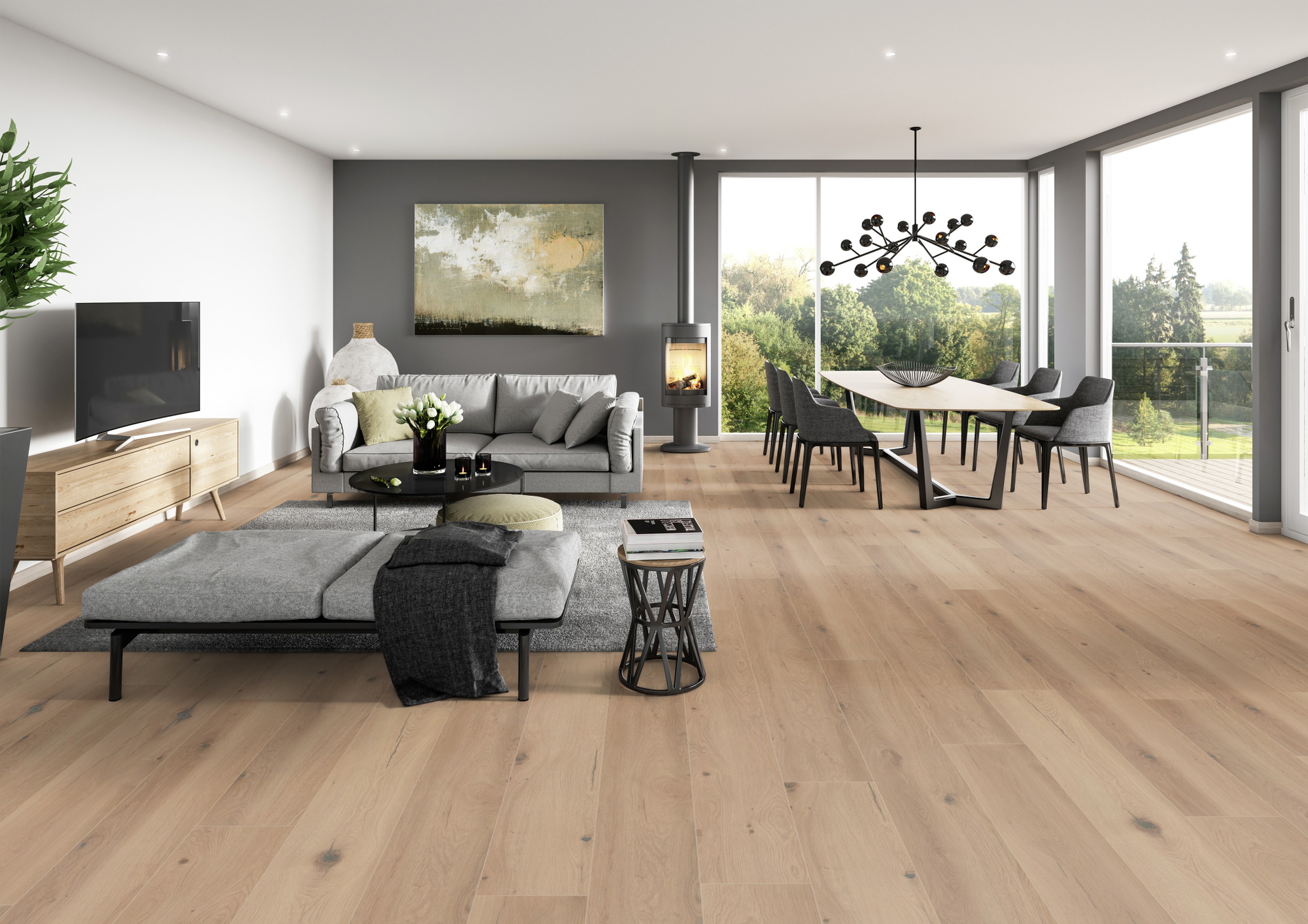 Milieubild Modernes Wohnzimmer mit Essbereich - ter Hürne HDF Klick-Designboden Dureco Silent Grand Edition Eiche Palau Milieubild Modernes Wohnzimmer mit Essbereich - ter Hürne 1101330008