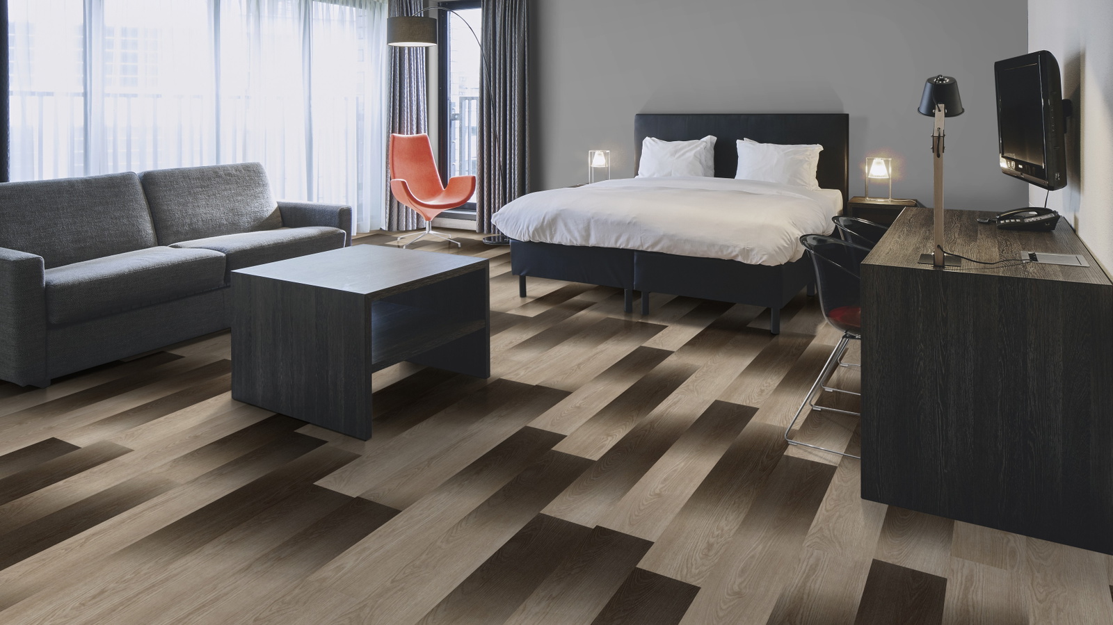 Milieubild Hotelzimmer mit Kingsize-Bett - Forbo Flooring 243621