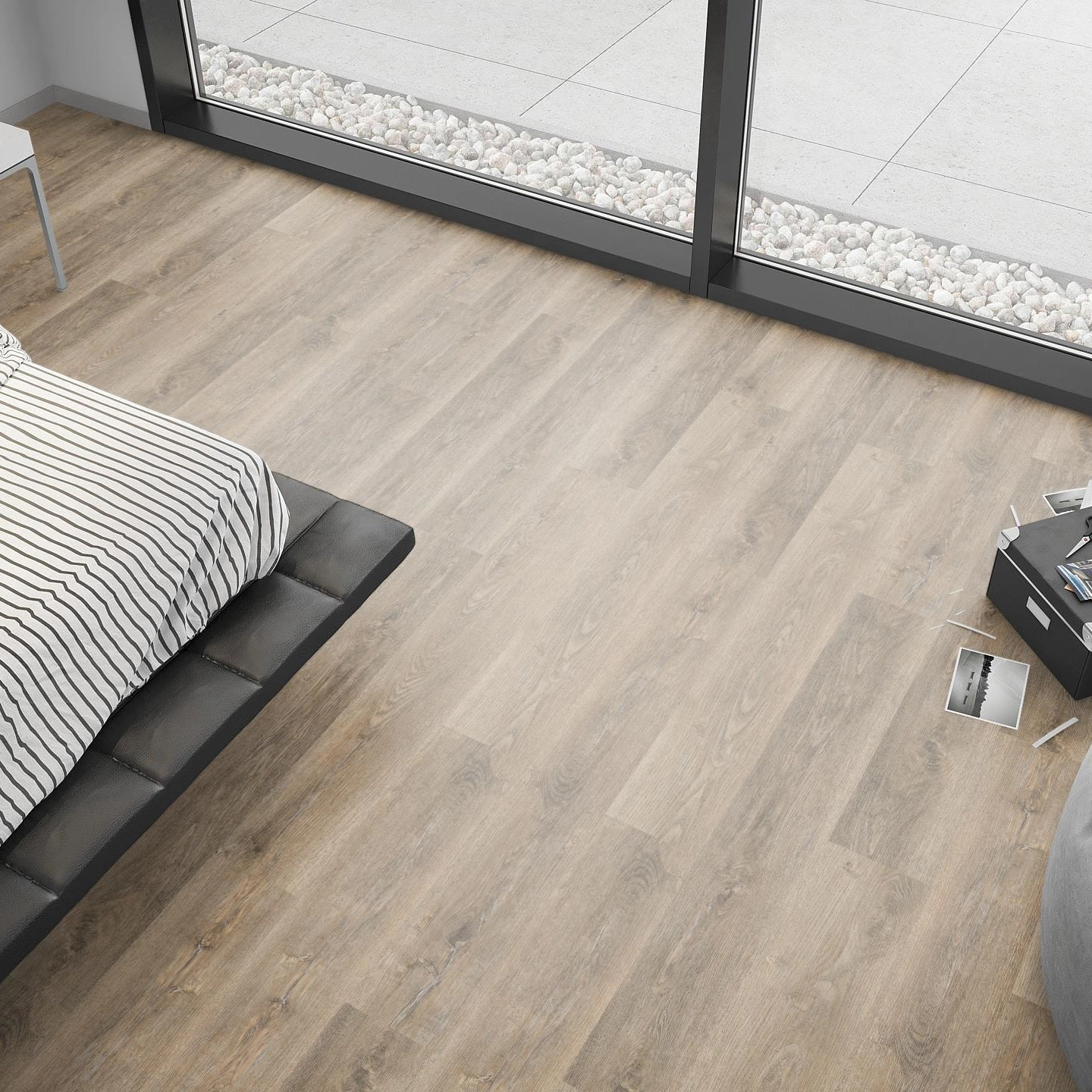 Milieubild Schlafzimmer mit Sitzkissen - nexflor Rigid Klick-Vinyl Apollo Click Collection Corinth Oak Milieubild Schlafzimmer mit Sitzkissen - nexflor NXF-60030-003